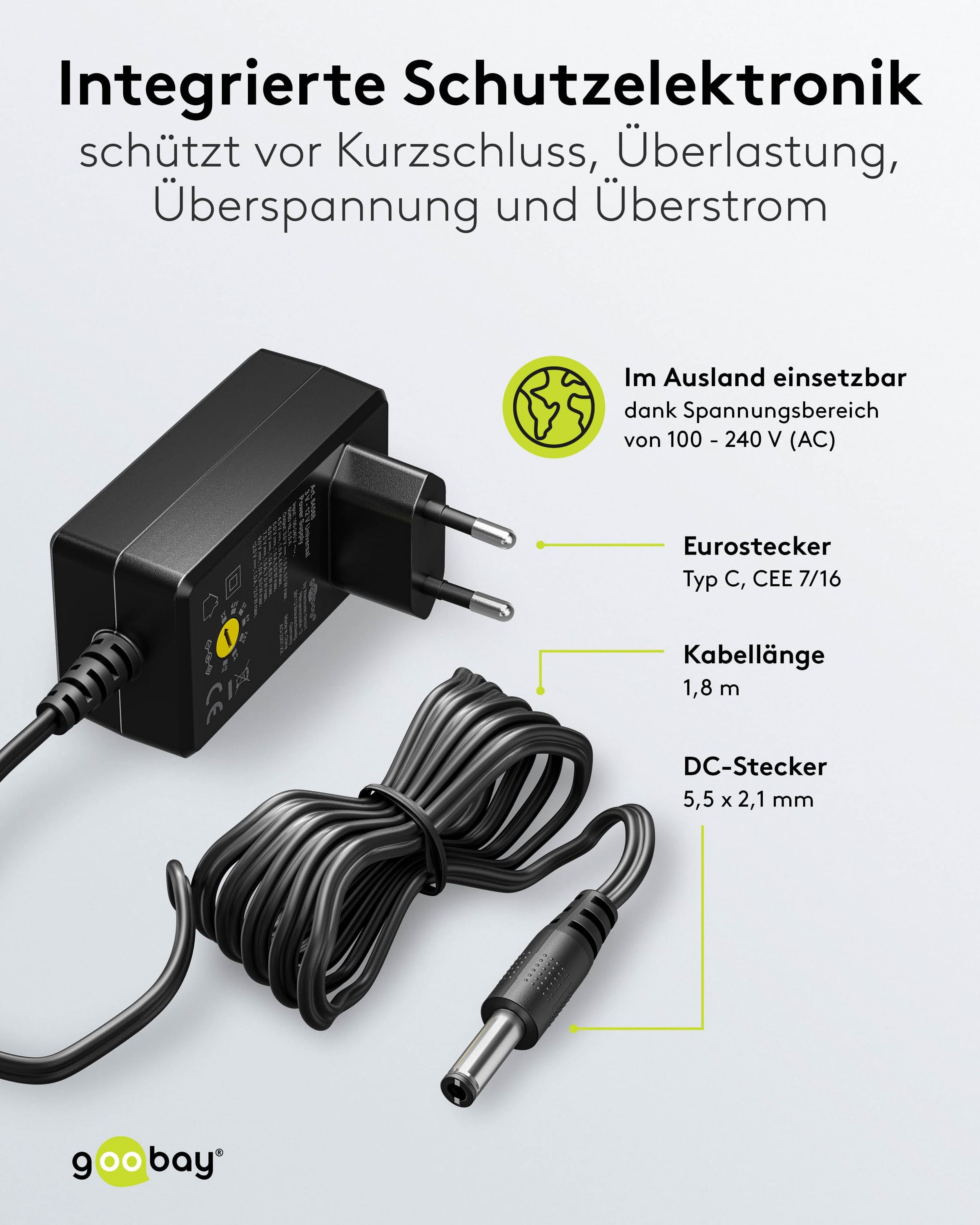 GOOBAY Universal-Netzteil 64568, 3...12 V-/12 W, 11-Adapter, inkl. USB-Adapter