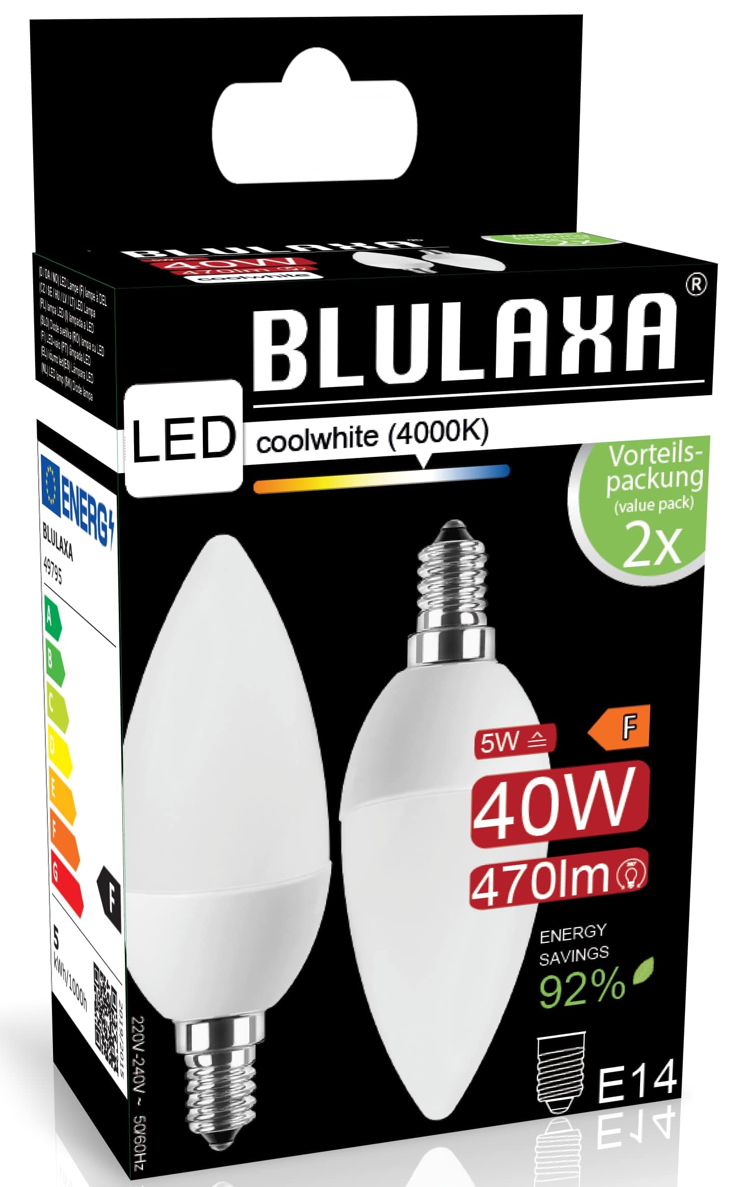 BLULAXA LED-SMD-Lampe, C35, EEK: F, E14, 5 W, 470 lm, 4000 K, 2 Stück