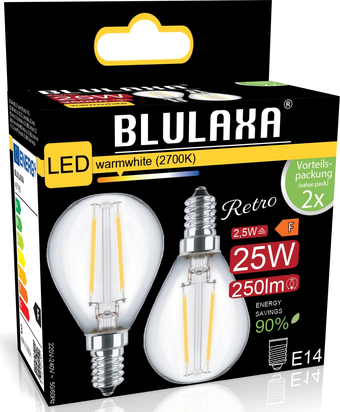 BLULAXA LED-Filament-Lampe, G45, EEK: F, E14, 2,5 W, 250 lm, 2700 K, 2 Stück