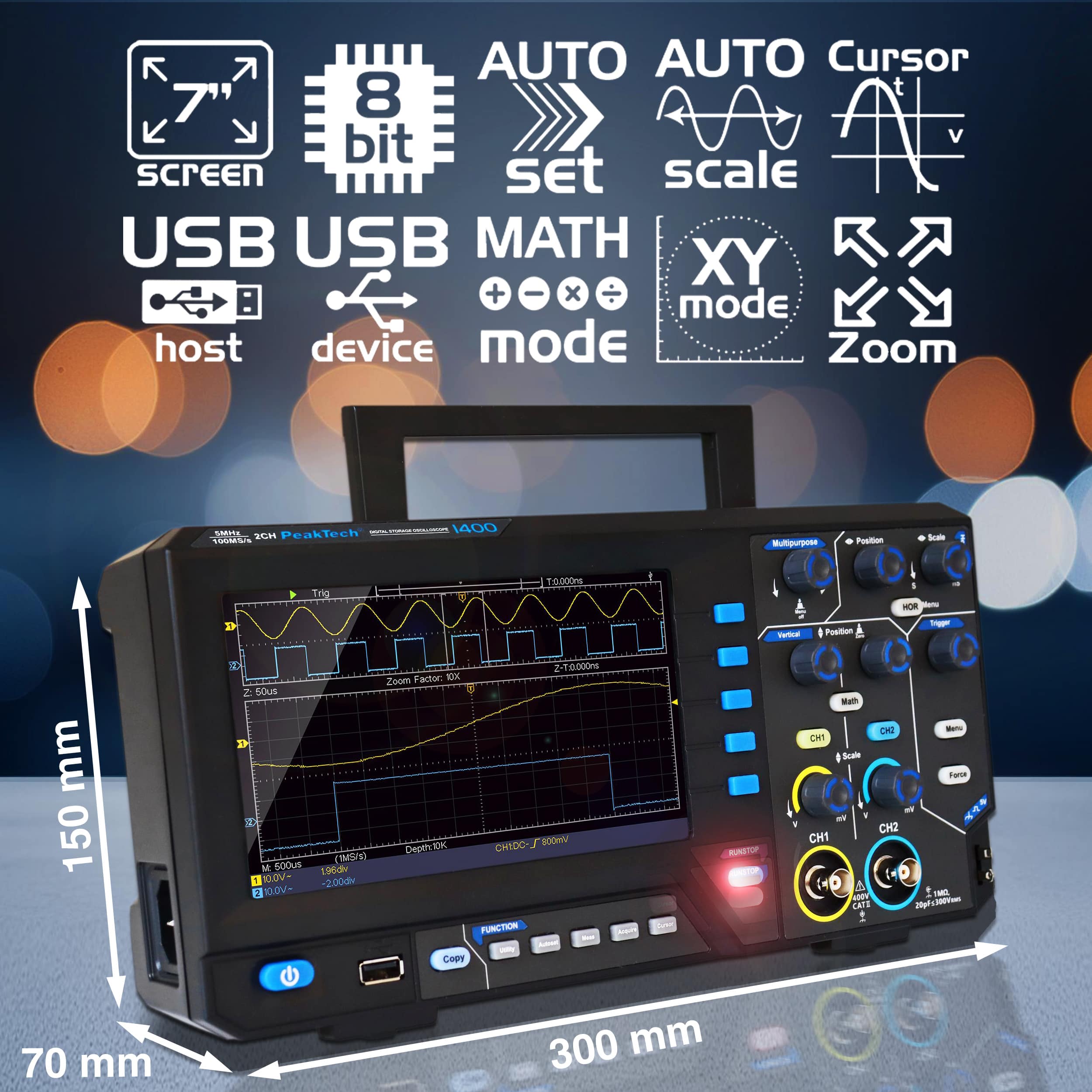 PEAKTECH Digital Speicher Oszilloskop, P 1401, 2 Kanäle, 10 MHz