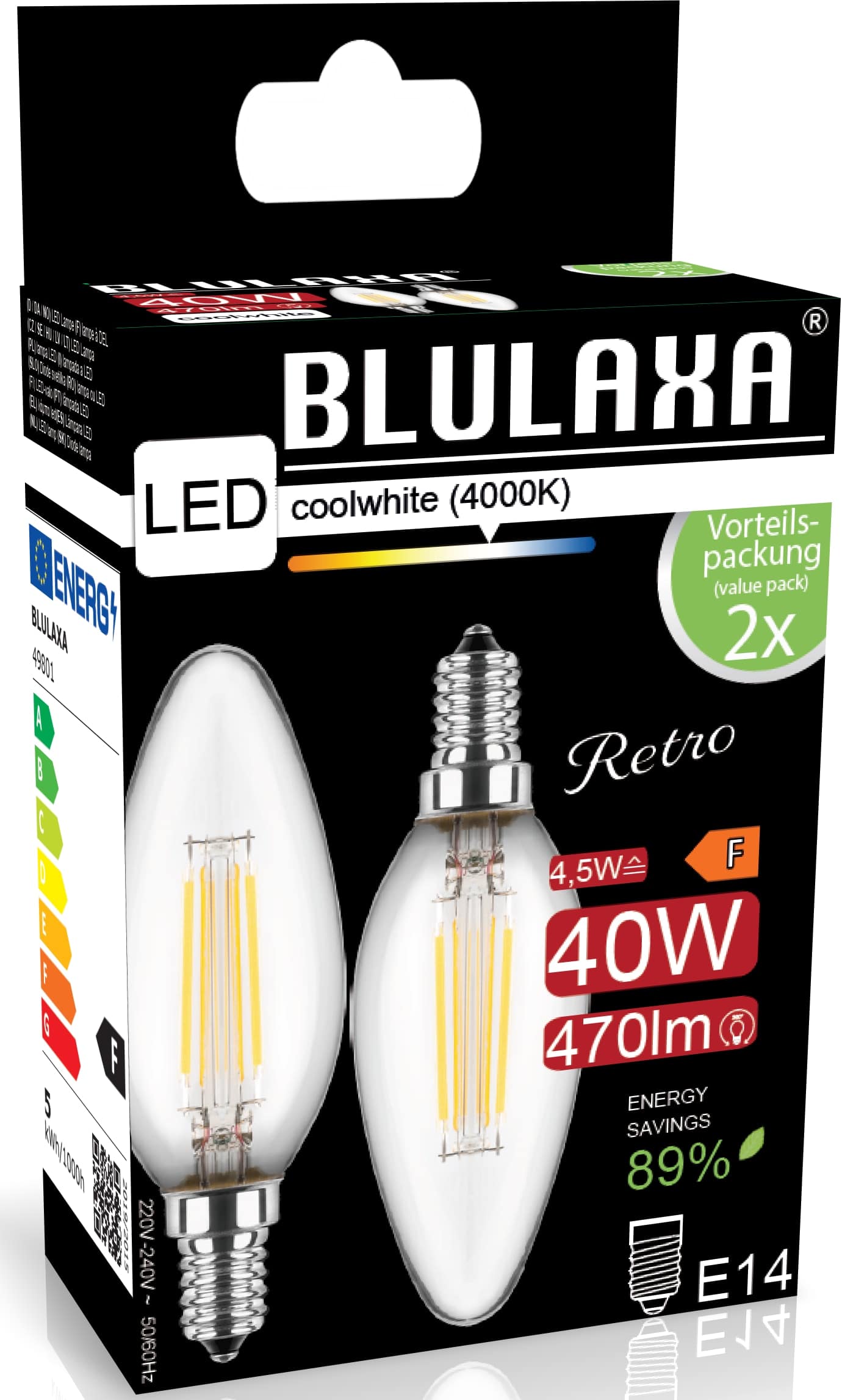 BLULAXA LED-Filament-Lampe, C35, EEK: F, E14, 4,5 W, 470 lm, 4000 K, 2 Stück