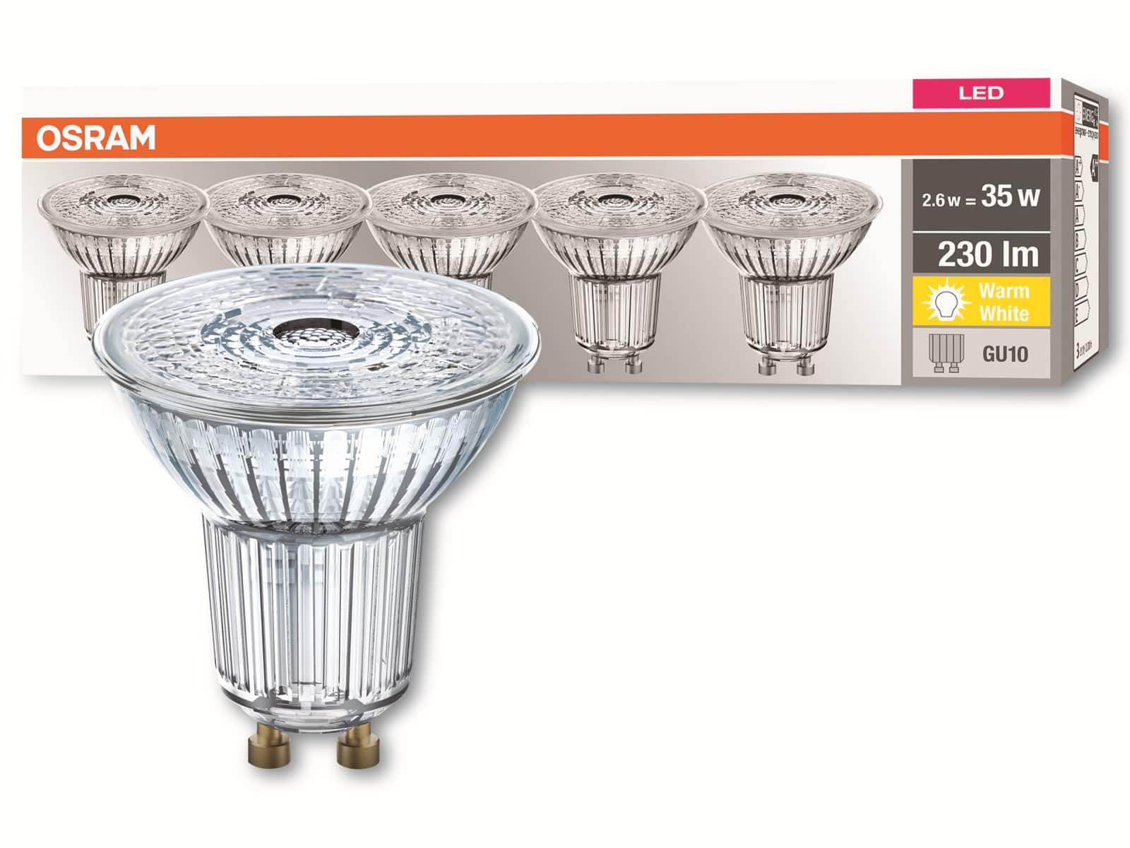 OSRAM LED-Lampe, PAR16, GU10, EEK: F, 2,6W, 230lm, 2700K, 5 Stk