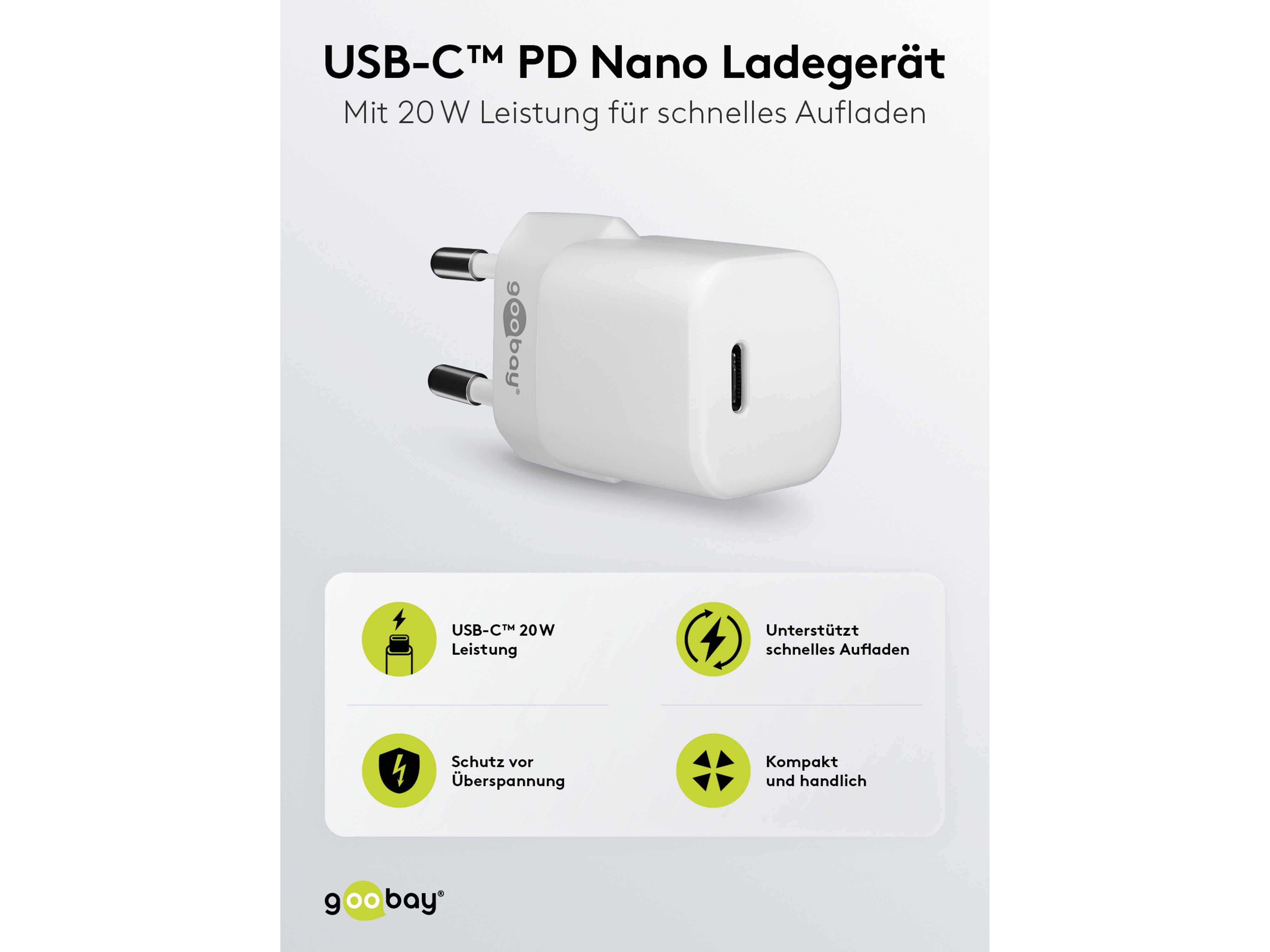 GOOBAY USB-Lader USB-C, 20W, Schnellladefunktion, weiß