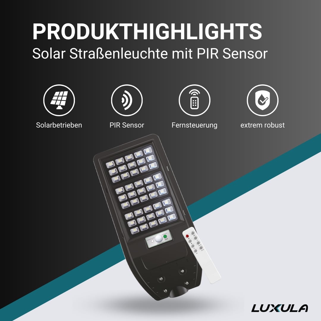 LUXULA Solar LED-Straßenleuchte, 100 W, 1200 lm, 6500 K, mit PIR Sensor