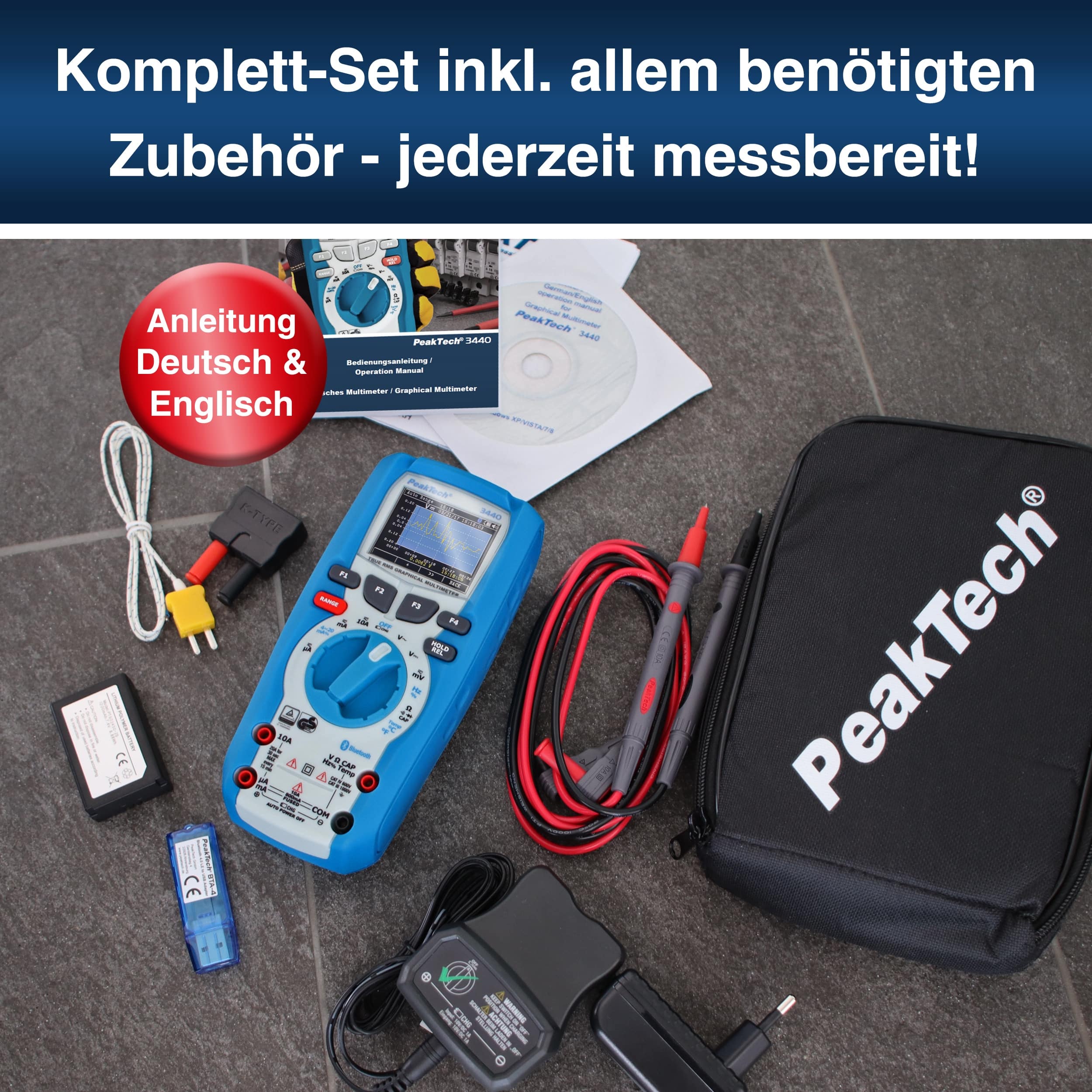 PEAKTECH Grafisches Multimeter, P 3440, 1000 V AC/DC, 10 A AC/DC, Bluetooth