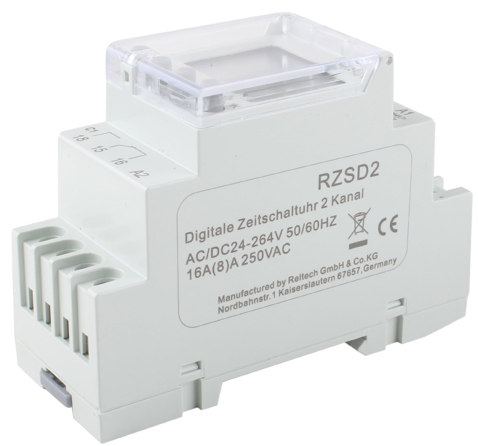 RELTECH Digitale Zeitschaltuhr RZSD2, 230 V, DIN-Schiene, 2 Kanal