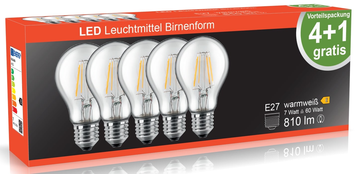 BLULAXA LED-Filament-Lampe, A60, EEK: E, E14, 7 W, 810 lm, 2700 K, 5 Stück