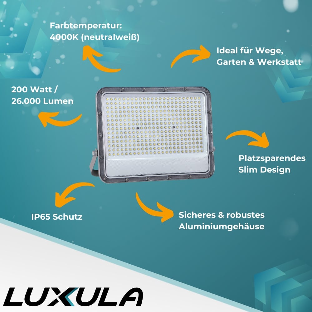 LUXULA LED-Fluter, EEK: E, 200W, 26000lm, 4000K, IP65, grau