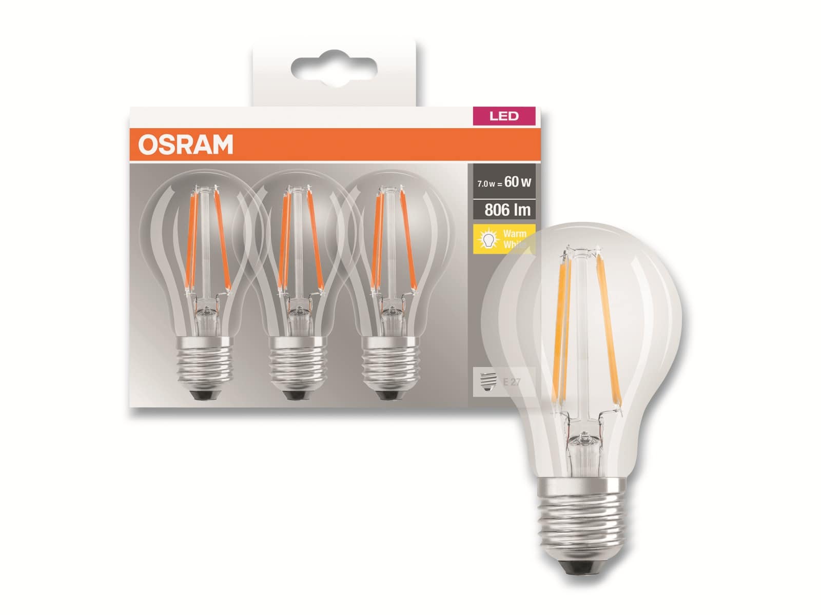 OSRAM LED-Lampe BASE CLASSIC A60, E27, EEK: E, 7 W, 806 lm, 2700 K, 3 Stück