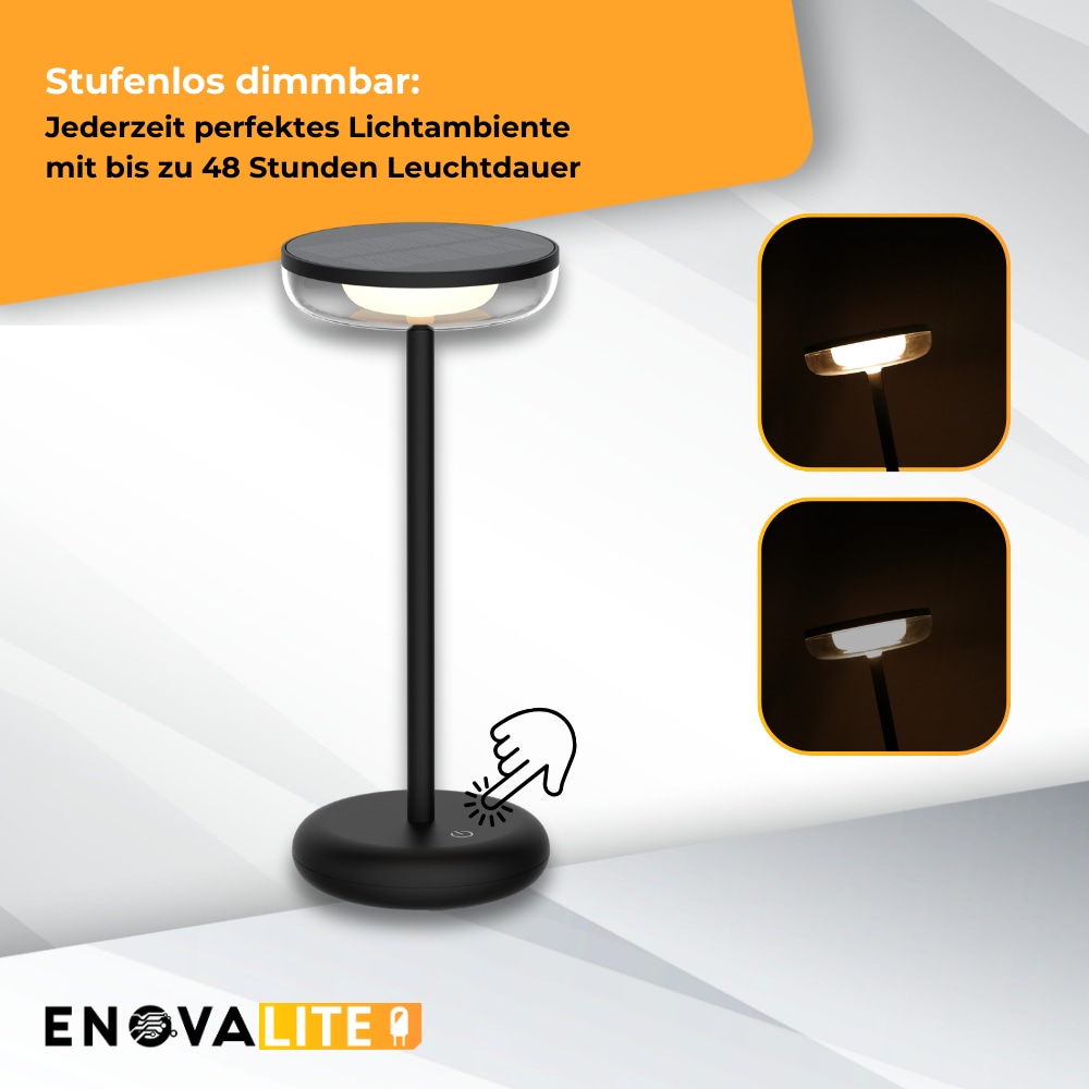 ENOVALITE LED-Akku-Tischleuchte, Solar- u. Netzbetrieb, dimmbar, 2700K