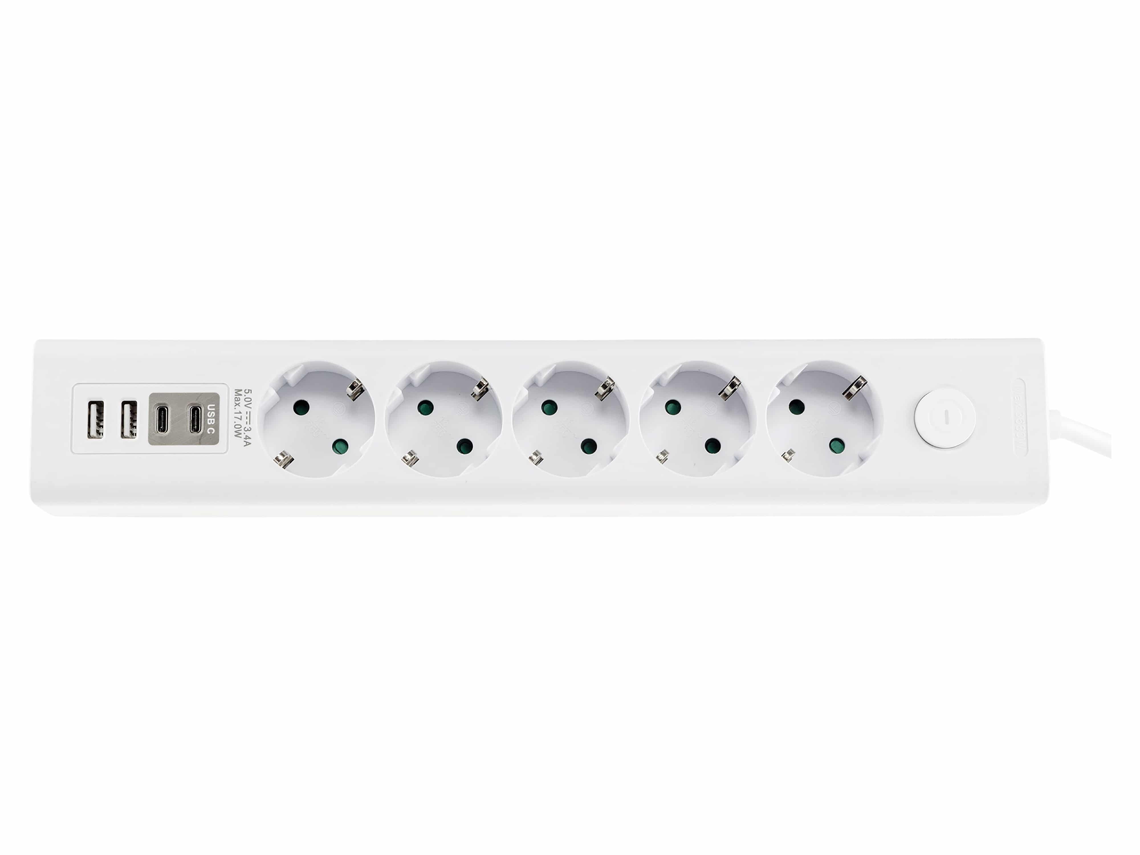 CHILITEC Steckdosenleiste, 5-fach, USB-A+C, 1,5 m Zuleitung, weiß