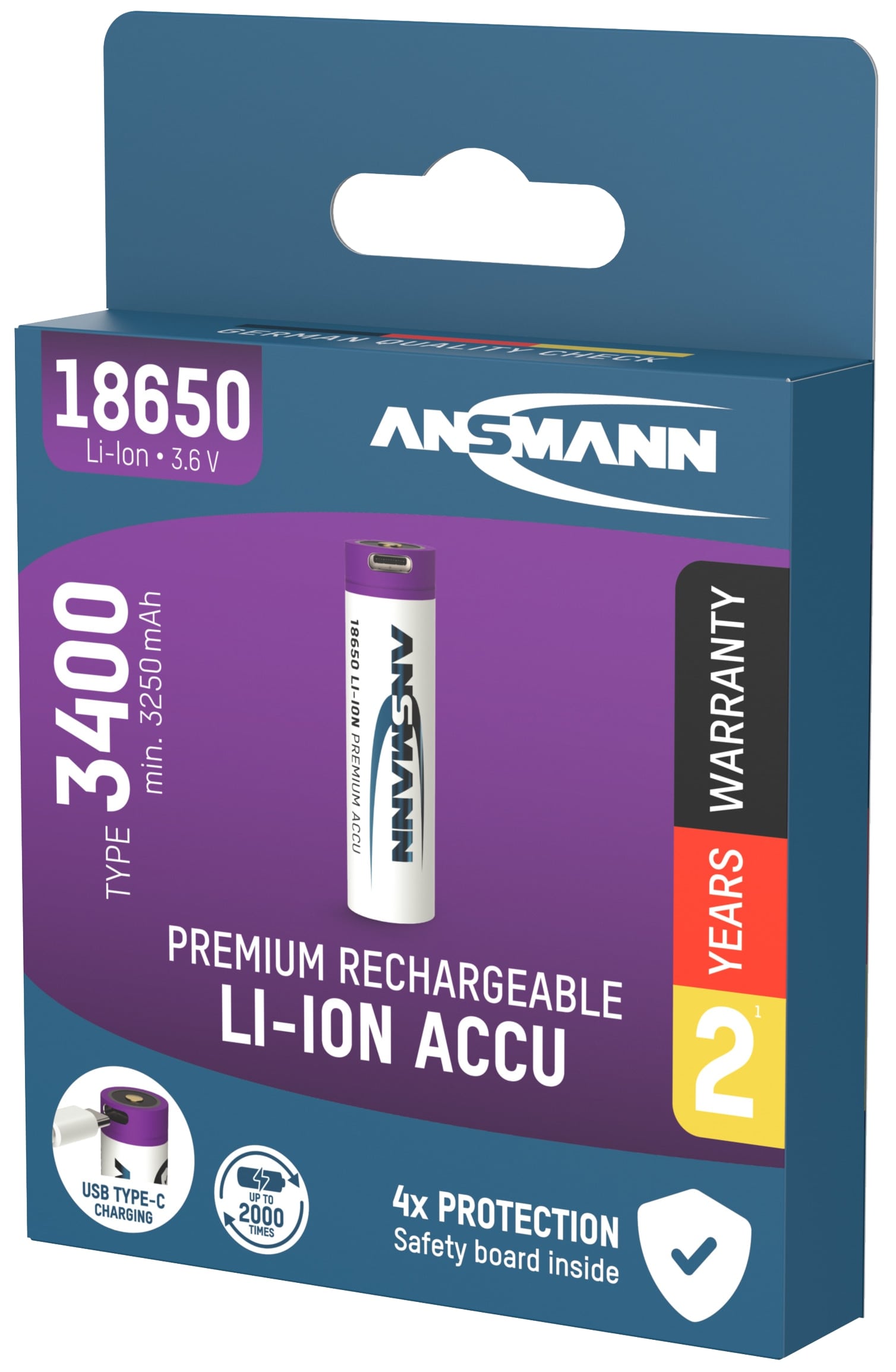 ANSMANN LiIon-Akku ,1307-0003, 18650, 3,6 V-, 3400 mAh, USB-C Ladebuchse