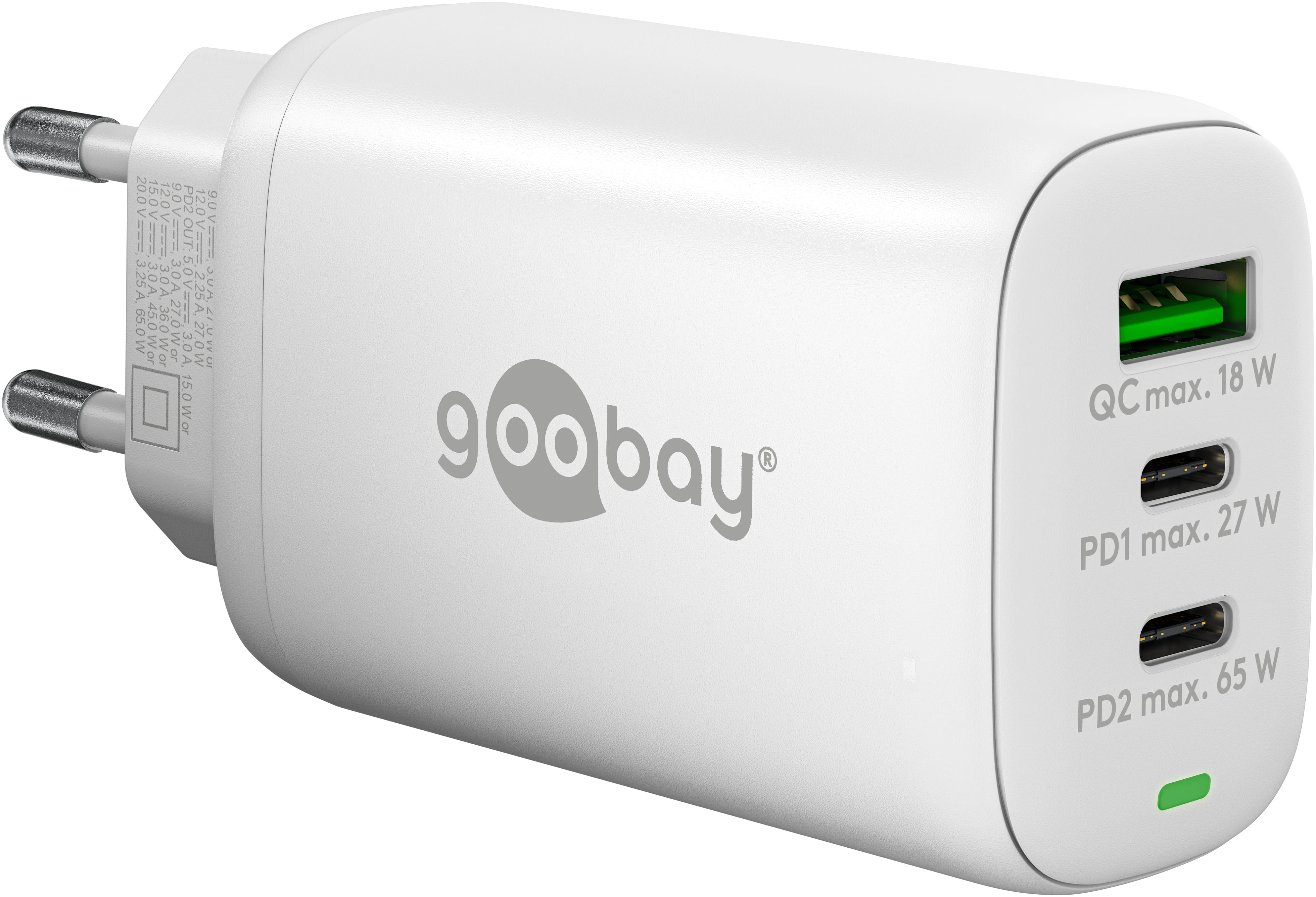 GOOBAY USB-Lader 65408, 65 W, 3-fach, 2xC PD, 1xA QC GaN, weiß