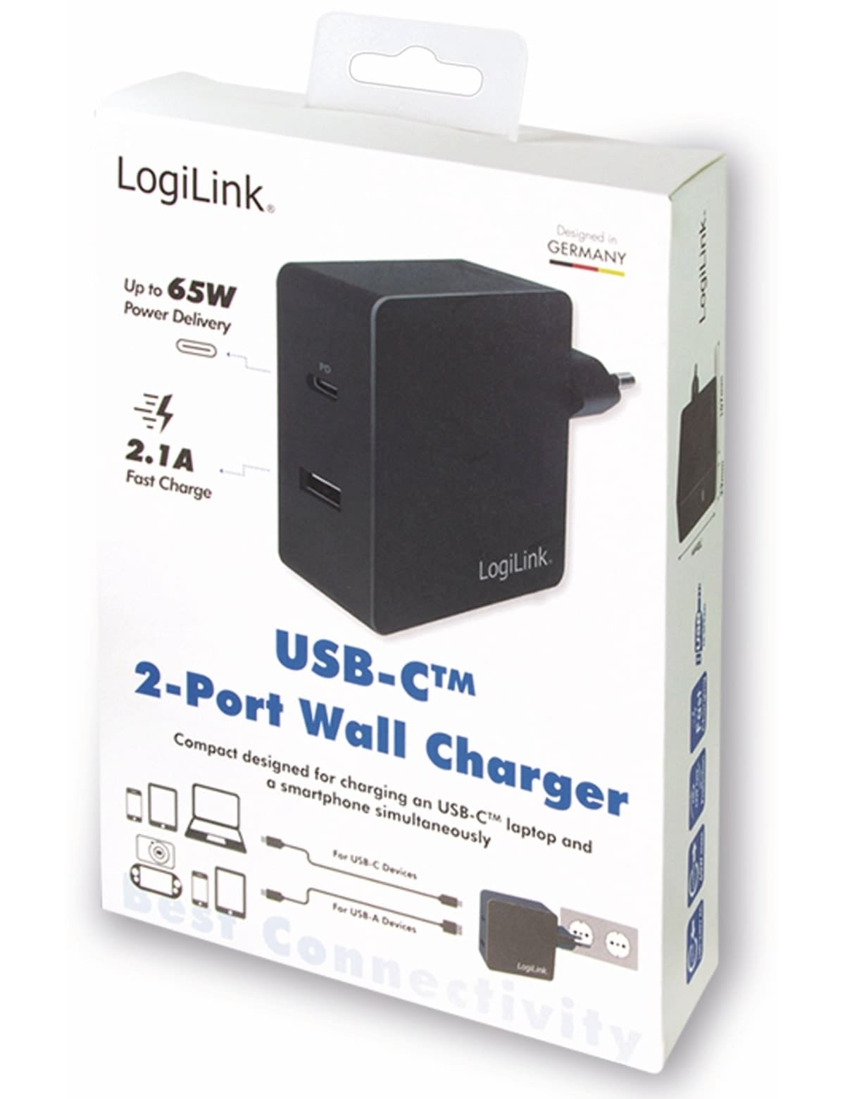 LOGILINK USB-Lader PA0213, 2-fach, 65 W, 1xUSB-A, 1xUSB-C, schwarz