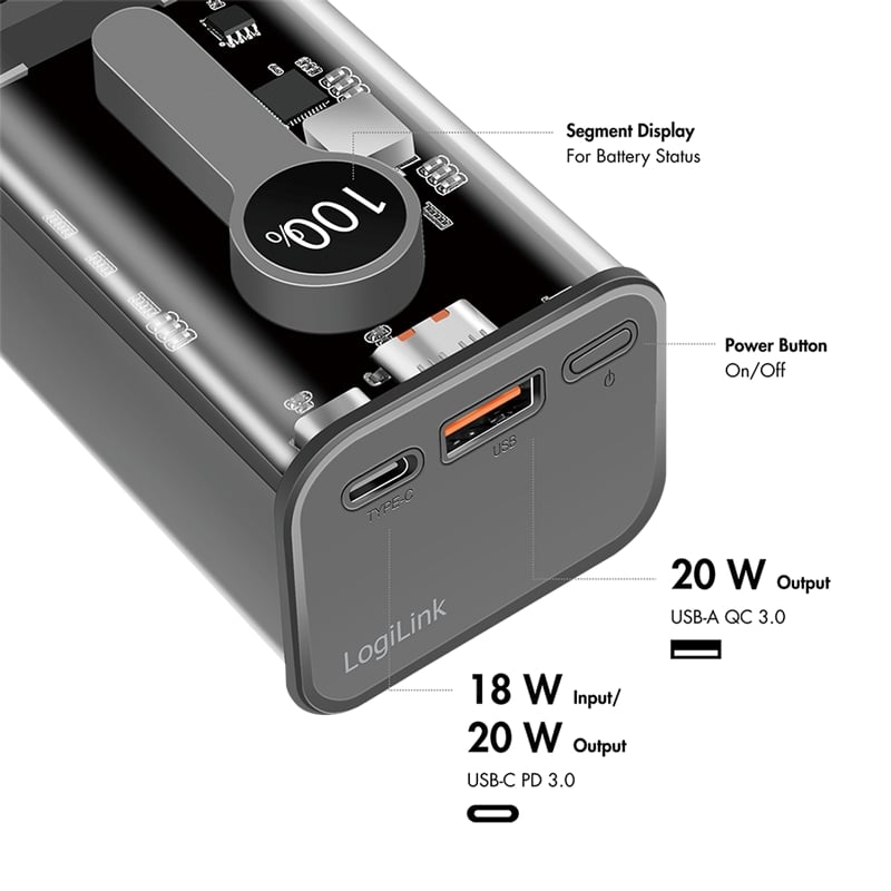 LOGILINK USB Powerbank PA0306, 10.000mAh, 2x USB, mit Display, transp.