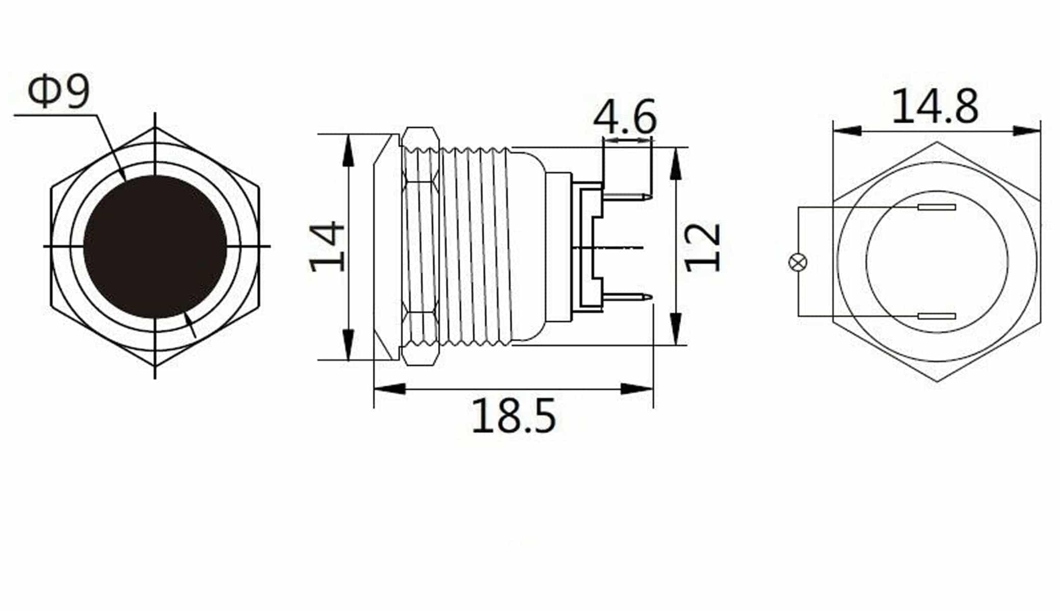 LED-Kontrollleuchte, Signalleuchte 12V, Grün, Ø12 mm, Messing, Tiefe 18 mm