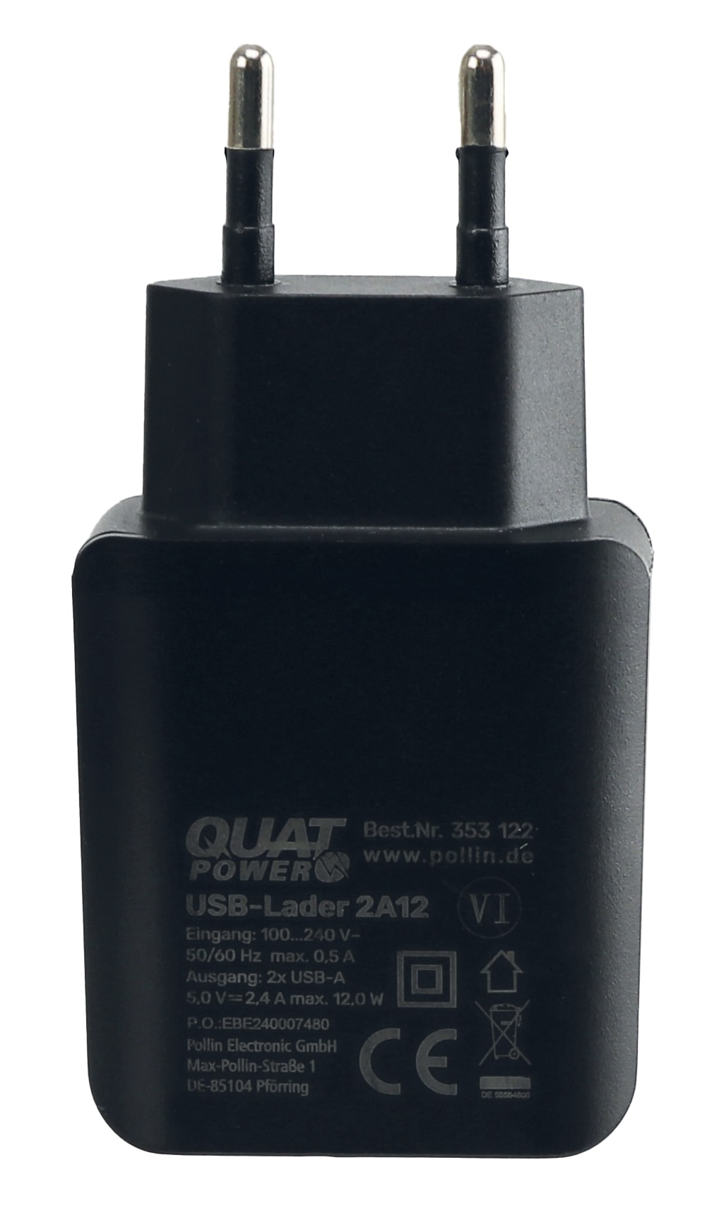 QUATPOWER USB-Lader 2A12, 2-fach, 2,4 A, schwarz