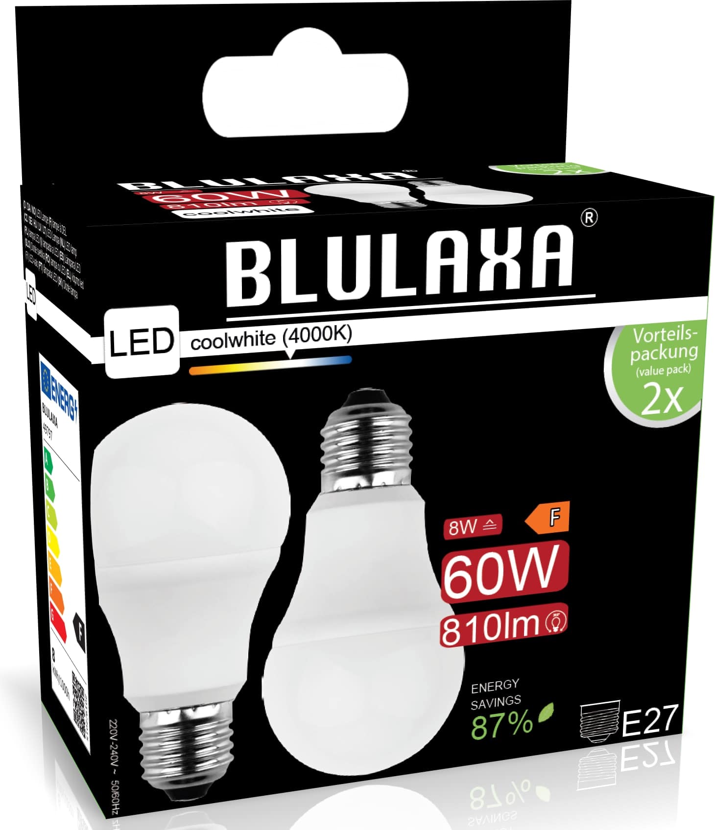 BLULAXA LED-SMD-Lampe, A60, EEK: F, E27, 8 W, 810 lm, 4000 K, 2 Stück