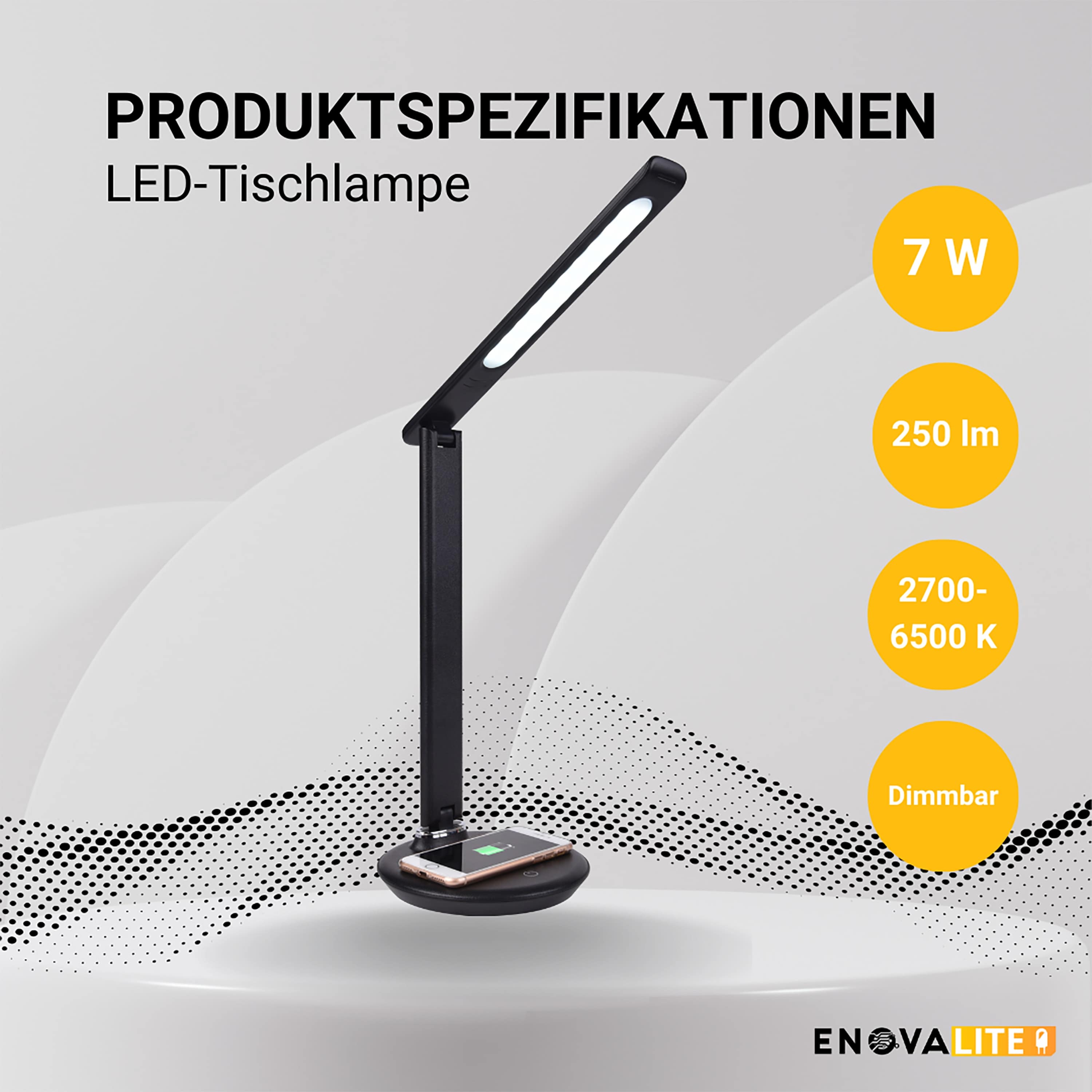 ENOVALITE LED-Tischleuchte ELED700150, Ladestation, dimmbar, CCT, 7W, schwarz