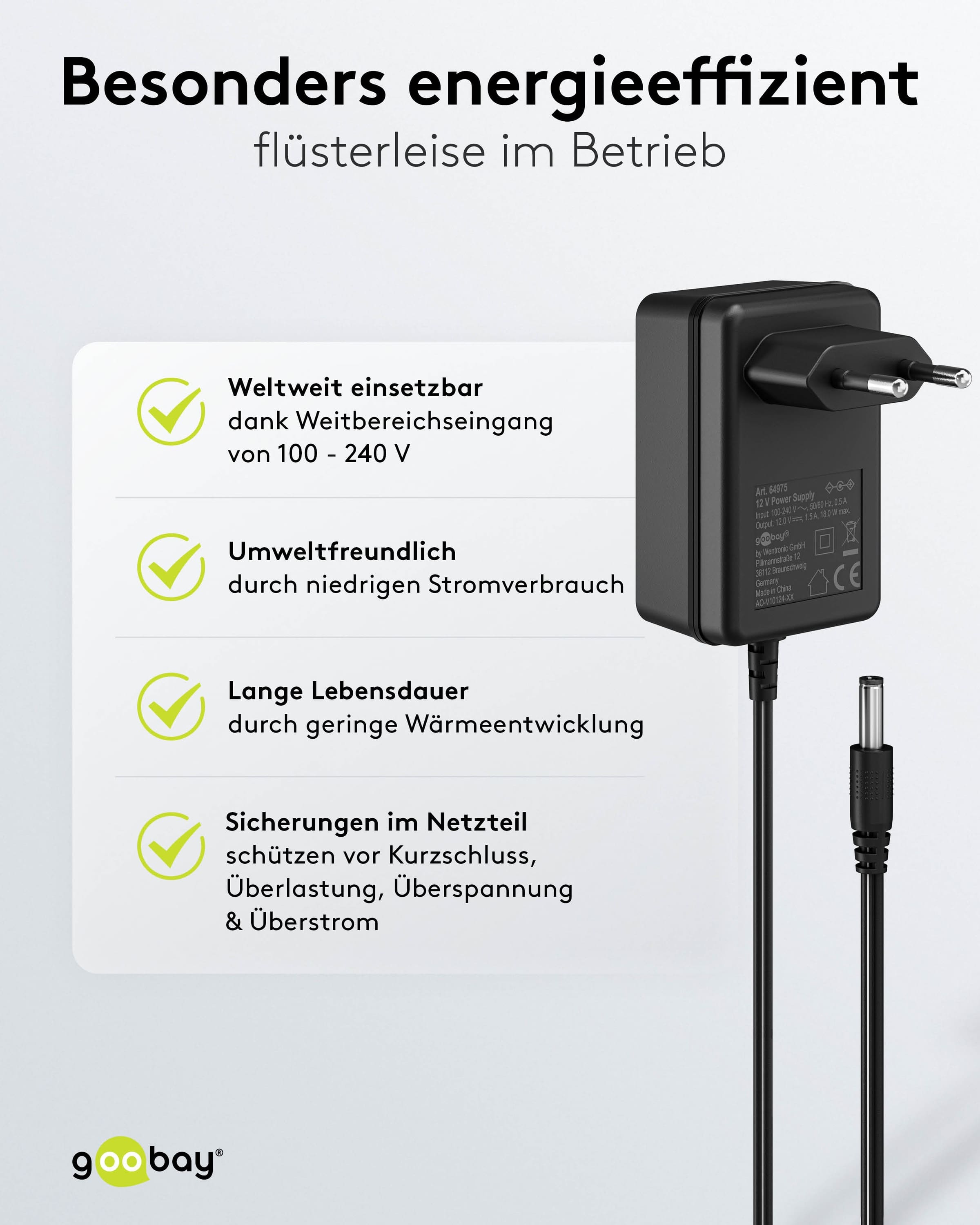 GOOBAY Universal-Netzteil 64975, 12 V-/1 A, 18 W, 5,5x2,1 mm, schwarz