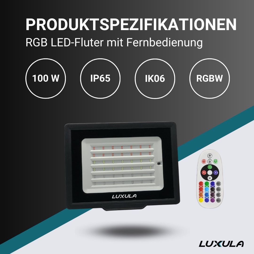 LUXULA RGB LED-Fluter LX400184, 100W, IP65, schwarz, mit Fernbedienung