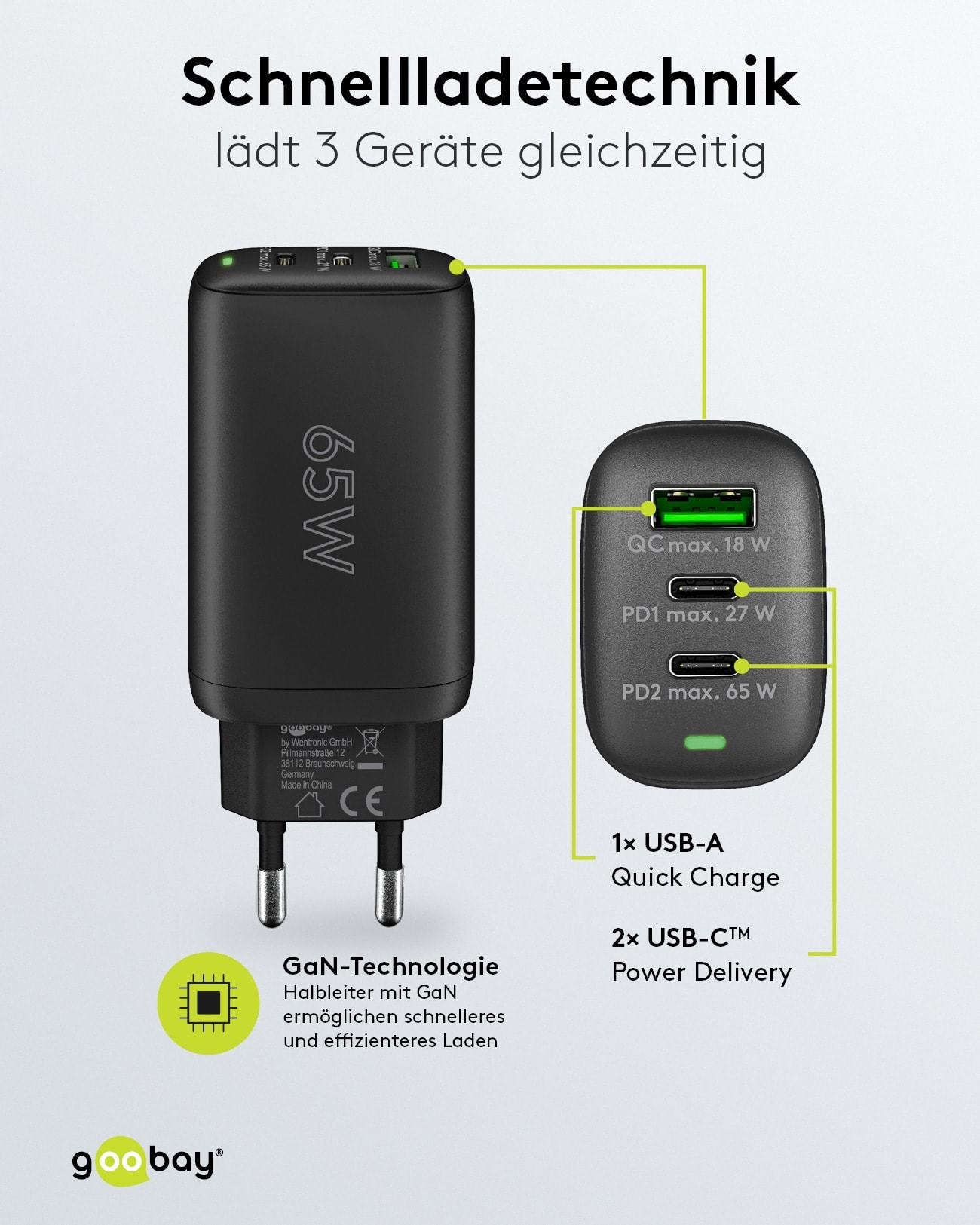 GOOBAY USB-Lader 65407, 65 W, 3-fach, 2xC PD, 1xA QC GaN, schwarz