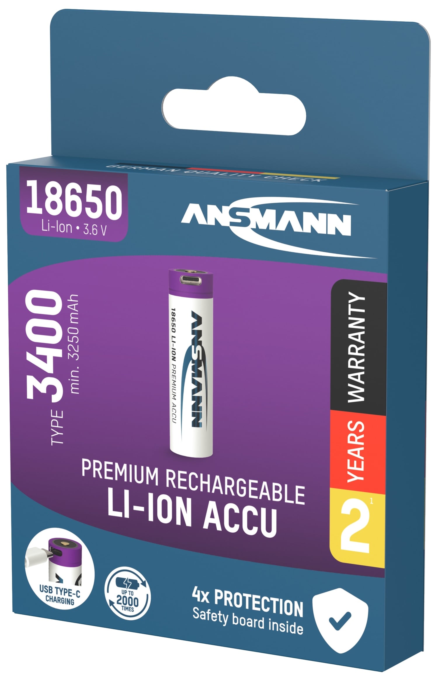 ANSMANN LiIon-Akku ,1307-0003, 18650, 3,6 V-, 3400 mAh, USB-C Ladebuchse