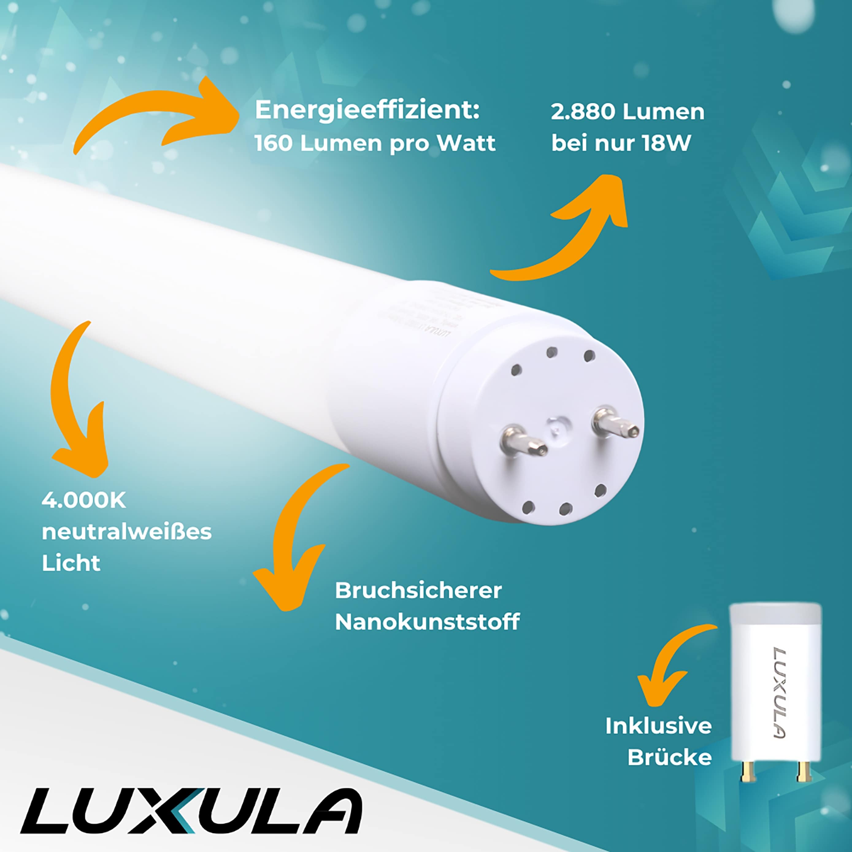 LUXULA LED-Röhre 2880lm LX100860, T8, 4000K, 160lm/W, 18W, mit Brücke