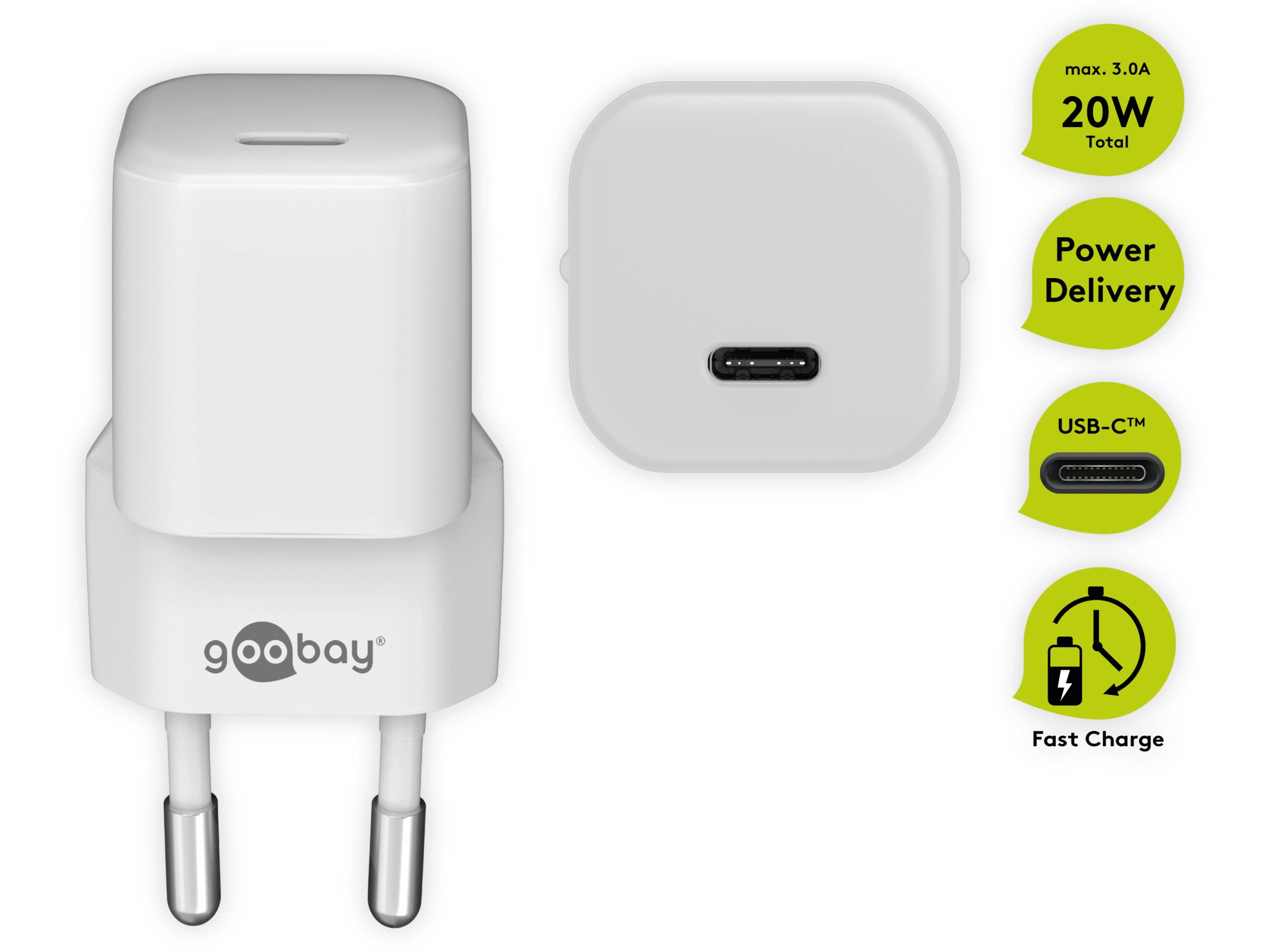 GOOBAY USB-Lader USB-C, 20W, Schnellladefunktion, weiß