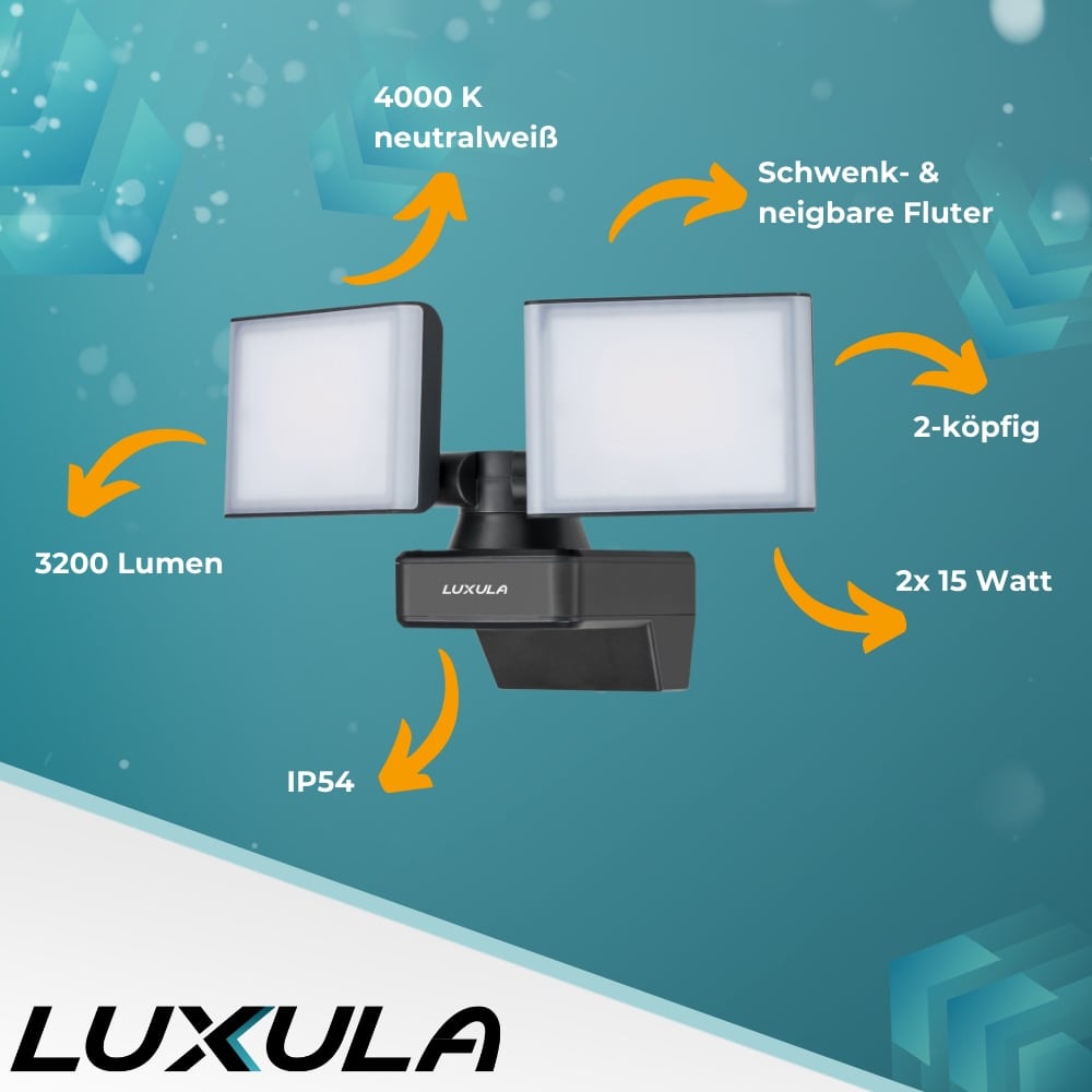 LUXULA LED-Fluter LX400190, 2-köpfig, 2x 15 W, 3200 lm, 4000 K, schwarz