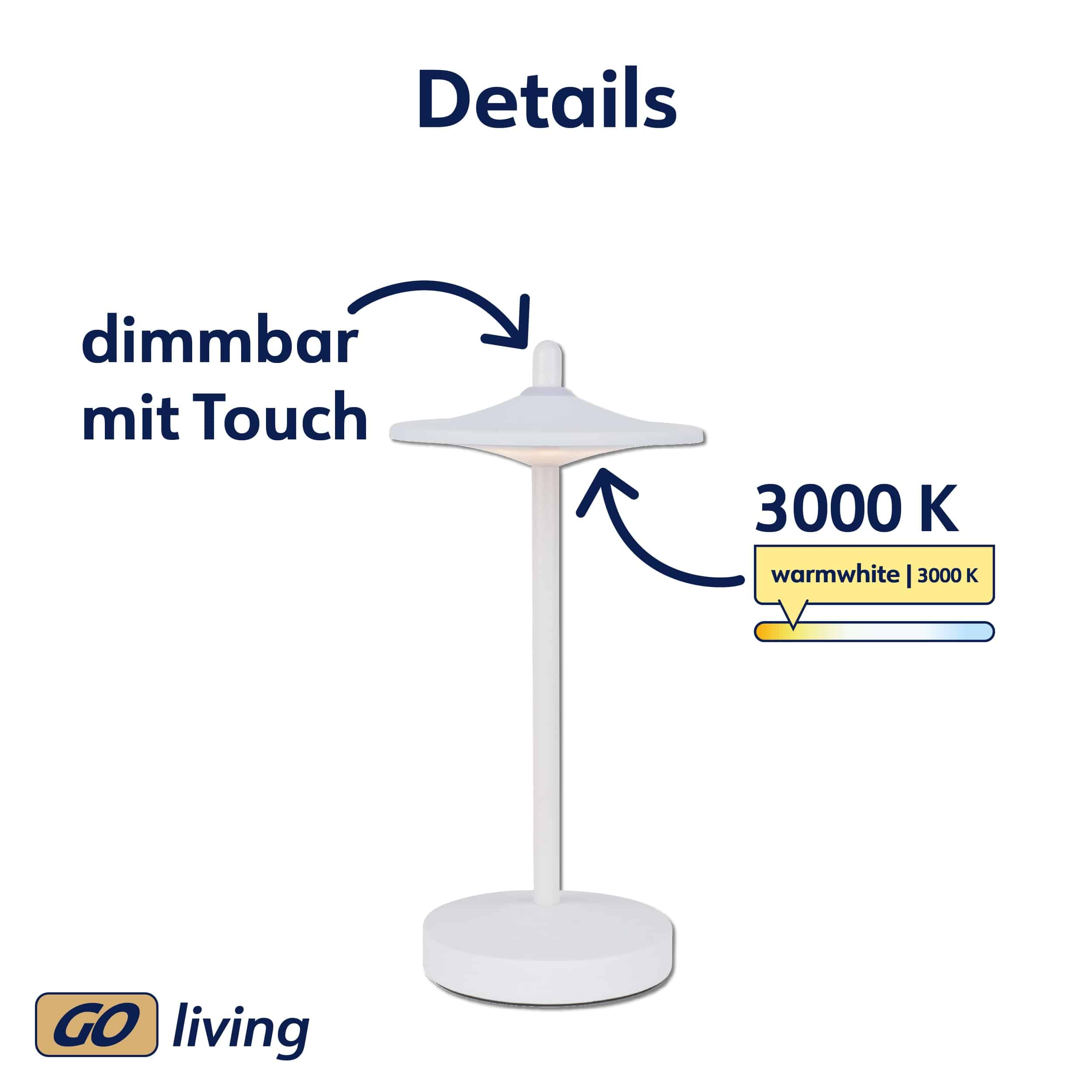 MÜLLER-LICHT LED-Akku-Tischleuchte 27700201, dimmbar, 3000K, warmweiß, weiß