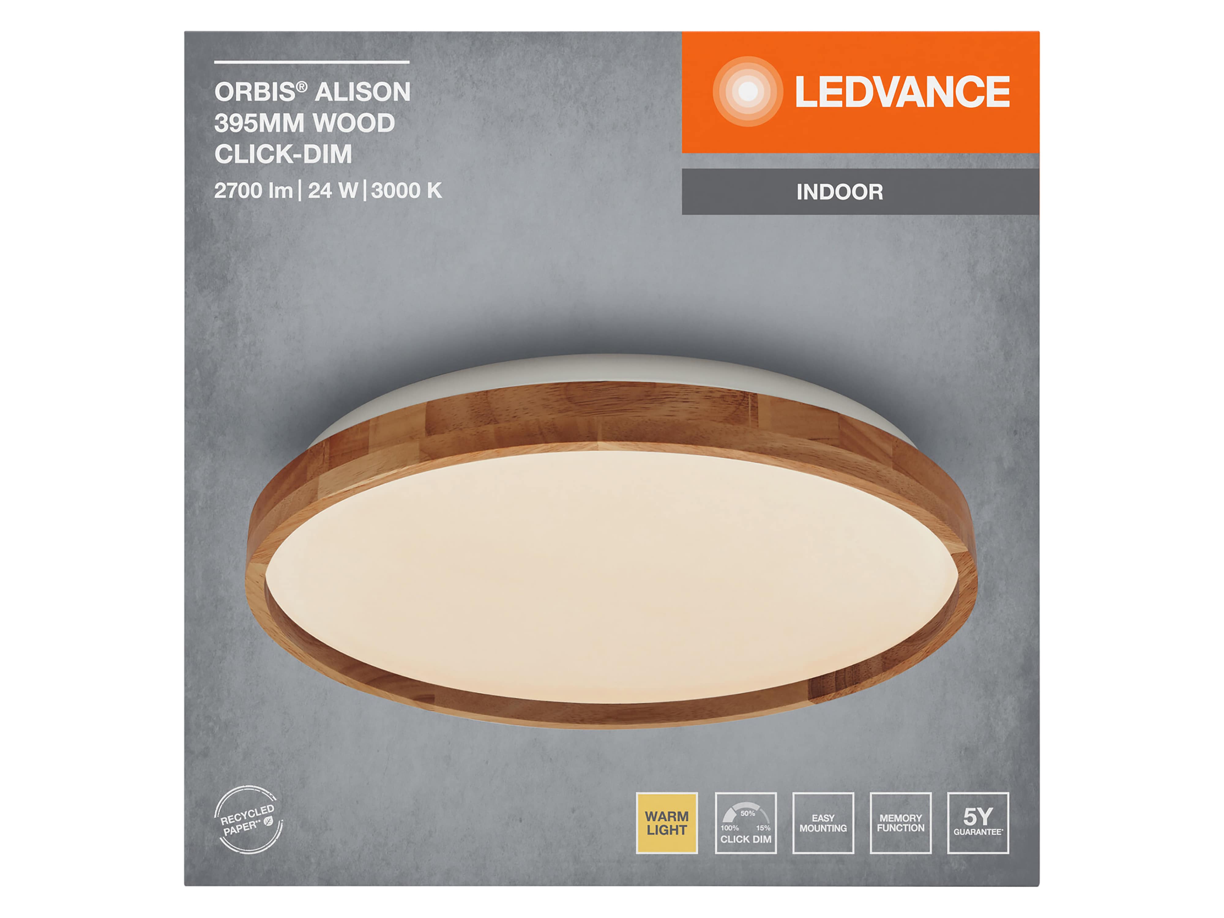 LEDVANCE LED-Deckenleuchte 4099854283581, mit Holzring, 24W, 1500lm, 3000K