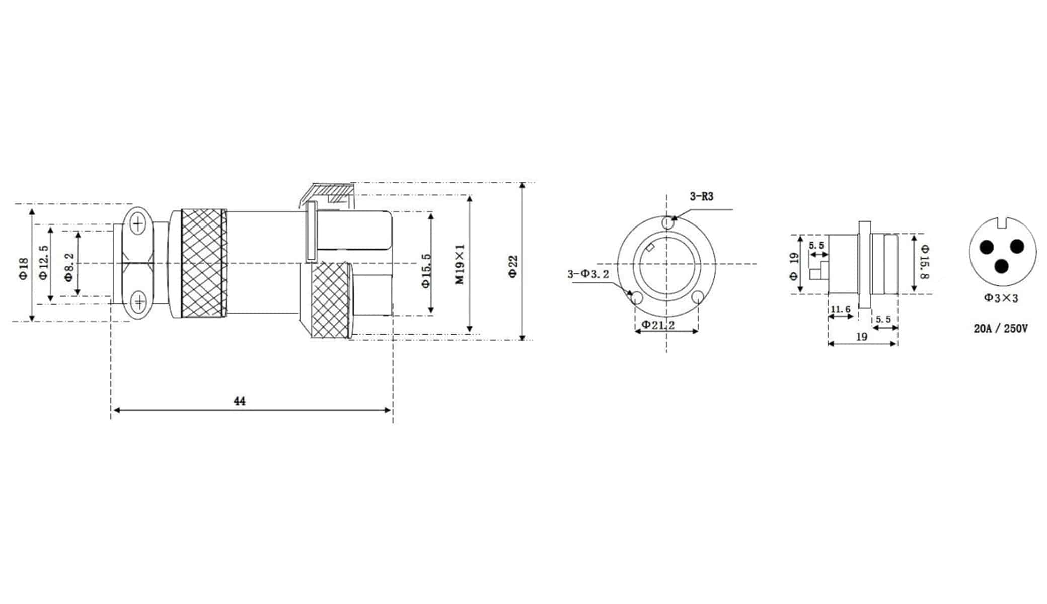 Hochstrom Einbaustecker-Set, 3-polig, Ø 19 mm, mit Abdeckkappe