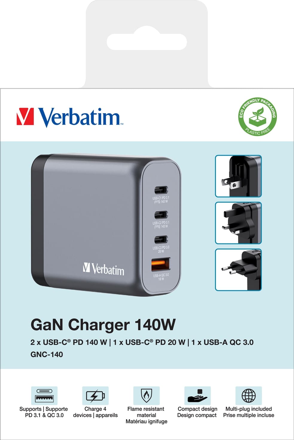 VERBATIM USB-Ladegerät 32203, 140W, 1x USB-A QC, 3x USB-C PD, grau