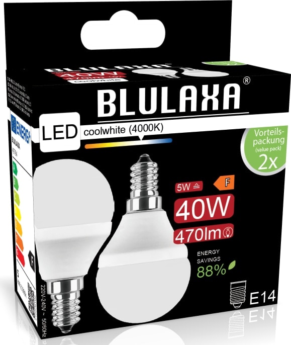 BLULAXA LED-SMD-Lampe, G45, EEK: F, E14, 5 W, 470 lm, 4000 K, 2 Stück