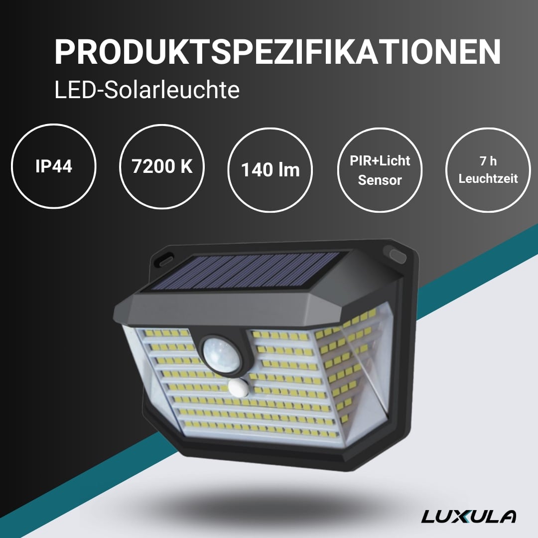 LUXULA Solar LED-Wandleuchte, PIR-Lichtsensor, 3-Lichtmodi, kaltweiß