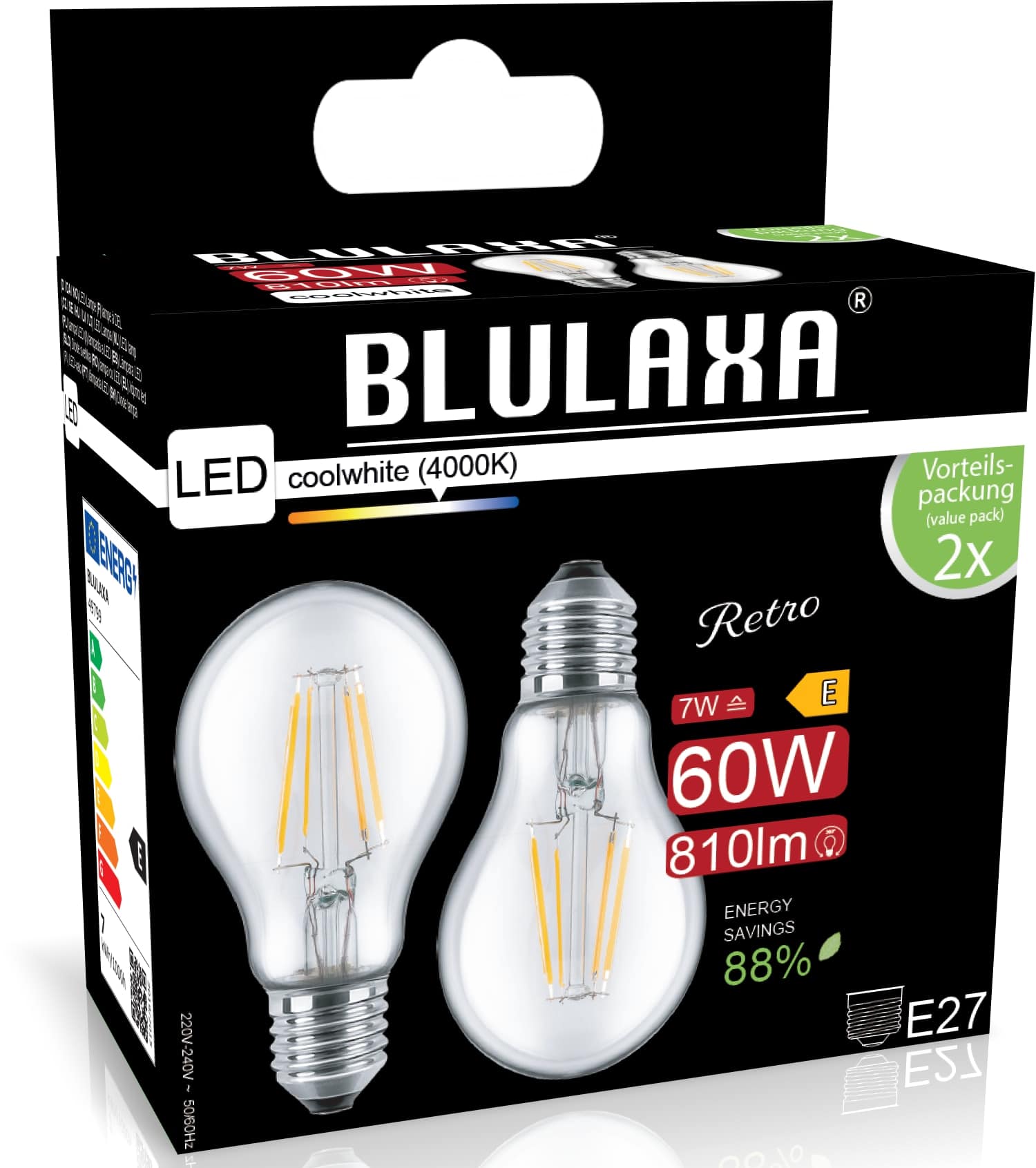 BLULAXA LED-Filament-Lampe, A60, EEK: E, E27, 7 W, 810 lm, 4000 K, 2 Stück