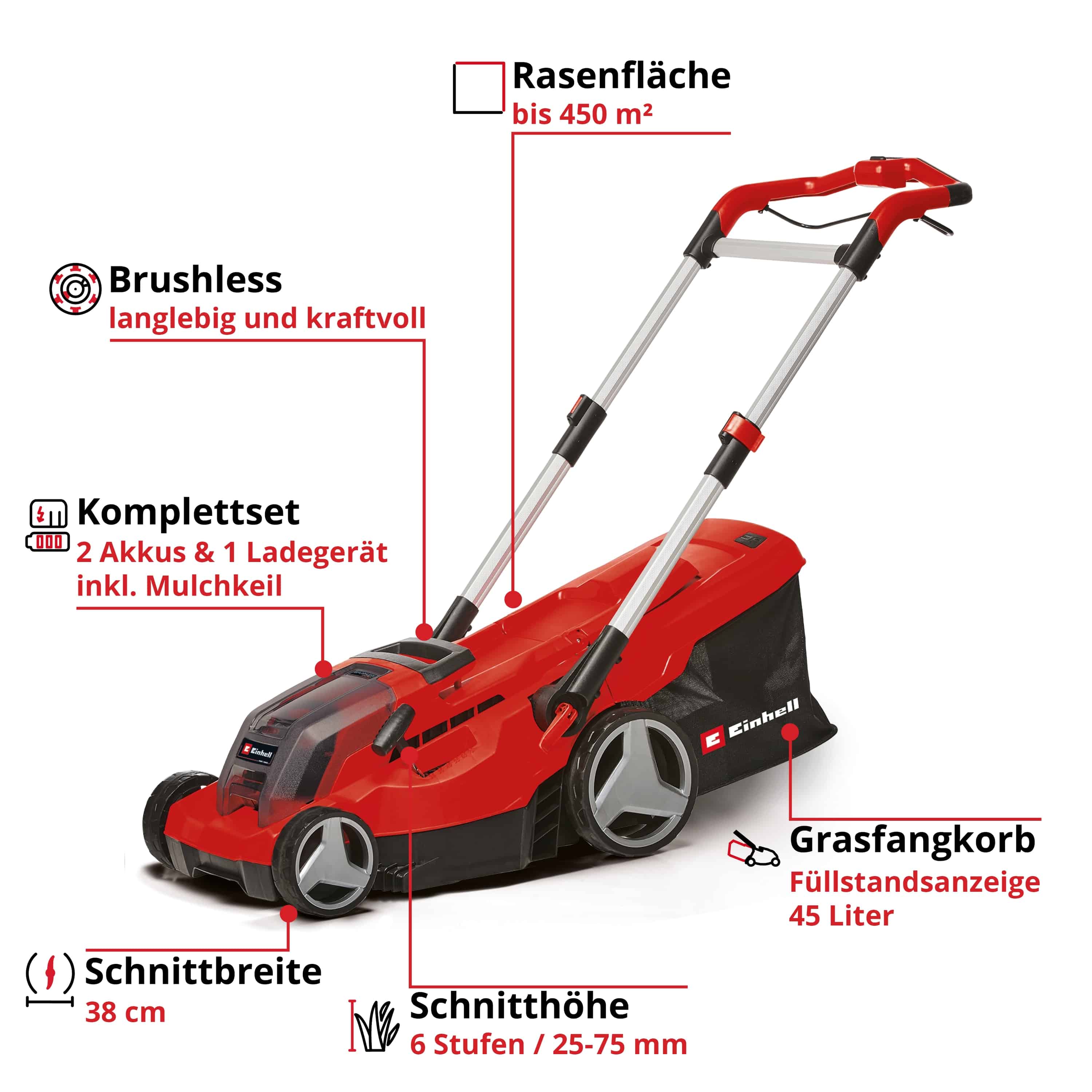 EINHELL Akku-Rasenmäher GP-CM 36/450, 2x4 Ah Akkus + Twin-Ladegerät