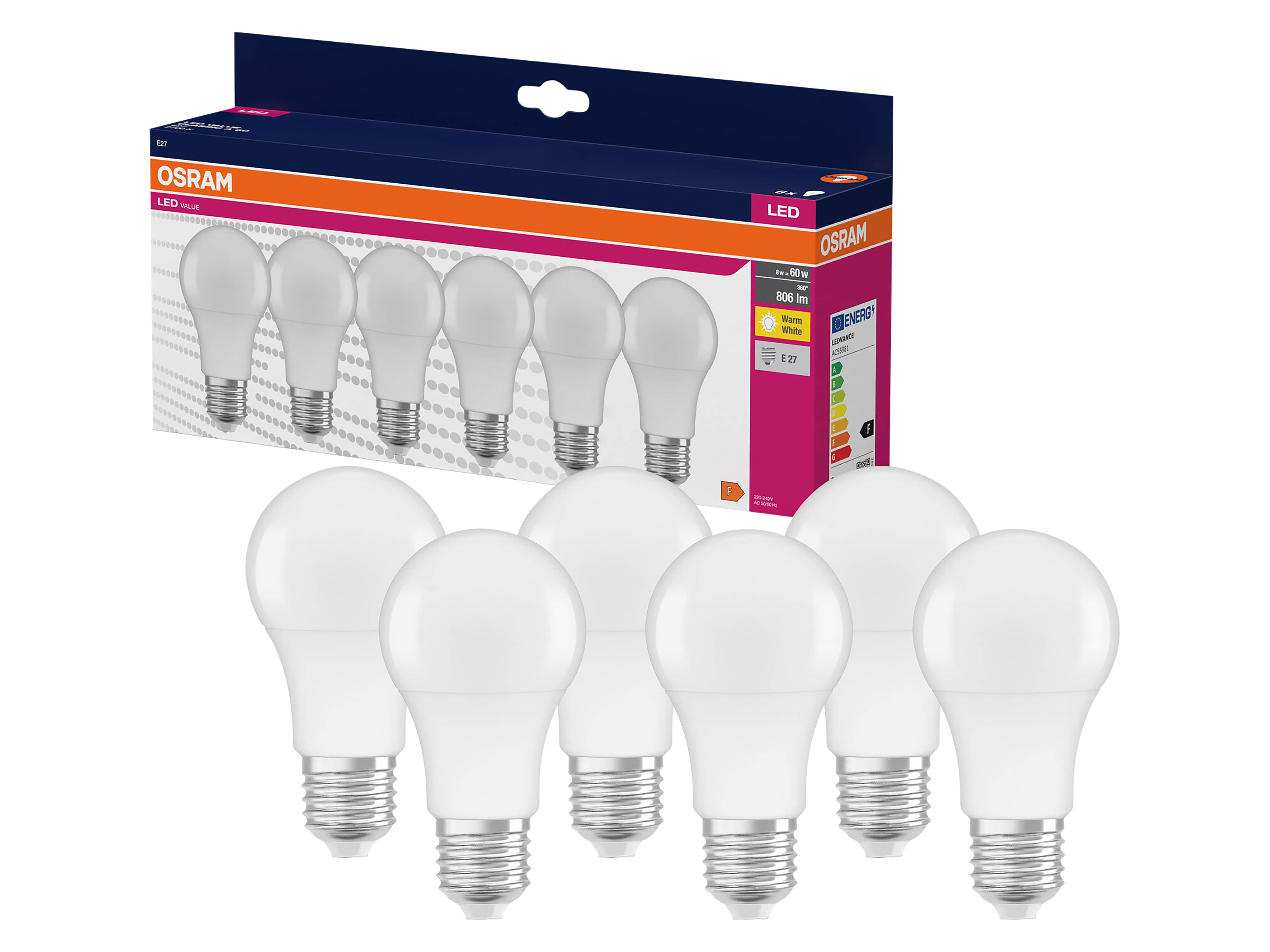 OSRAM LED-Lampe A60 matt, 6 Stück, E27, 8 W, 806 lm, 2700 K