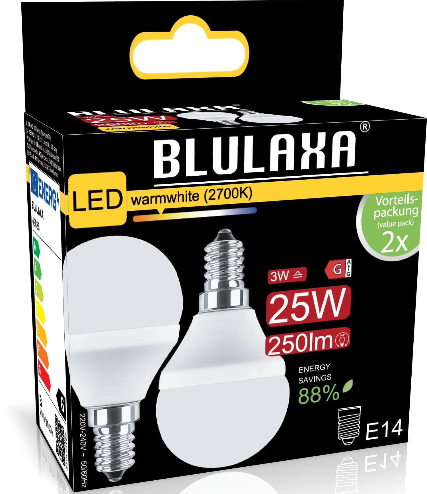 BLULAXA LED-SMD-Lampe, G45, EEK: G, E14, 3 W, 250 lm, 2700 K, 2 Stück