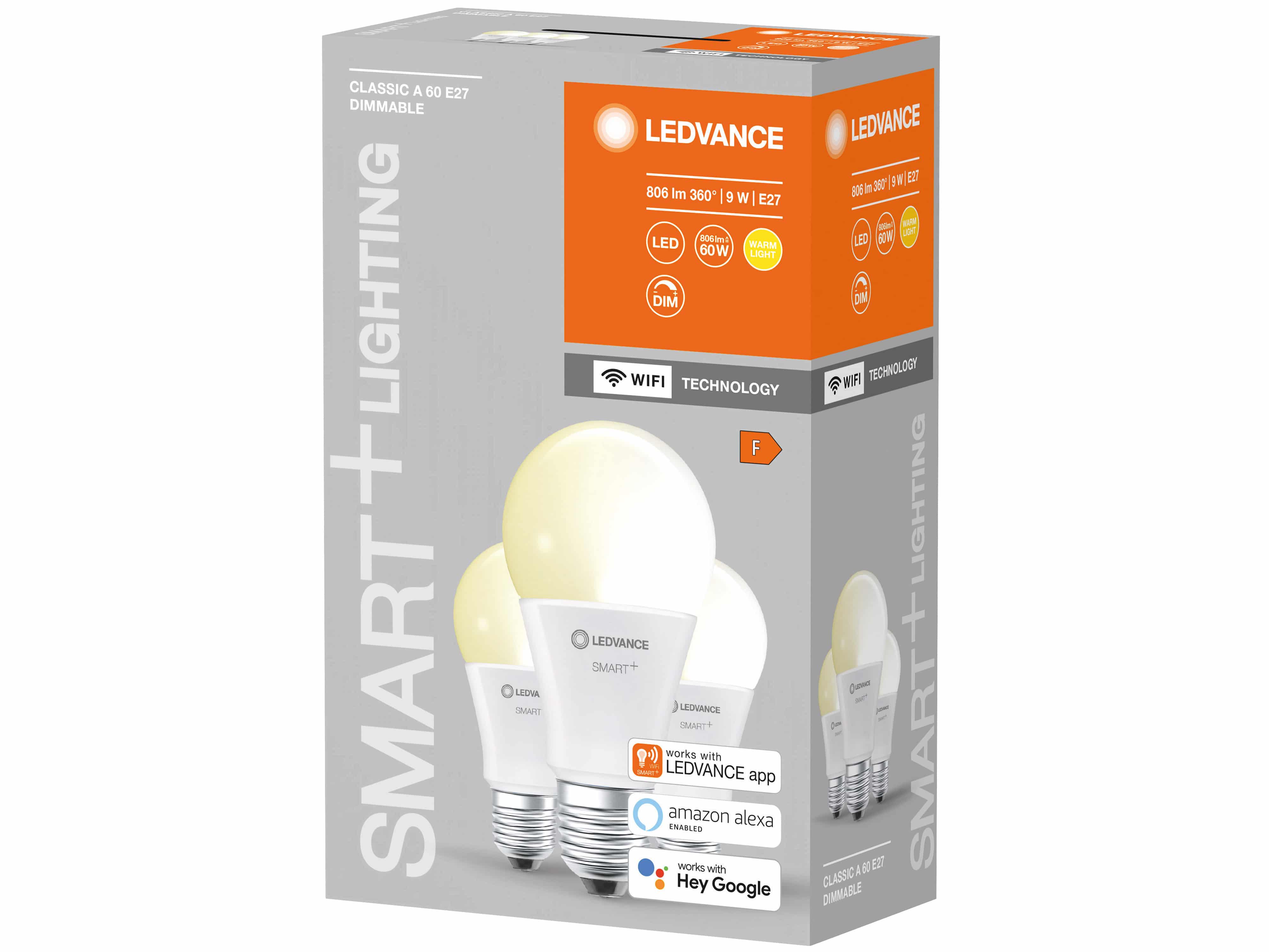LEDVANCE LED-Lampe SMART+ WiFi Classic, A60, E27, EEK: F, 9 W, 806 lm, 2700 K, Smart, 3 Stück