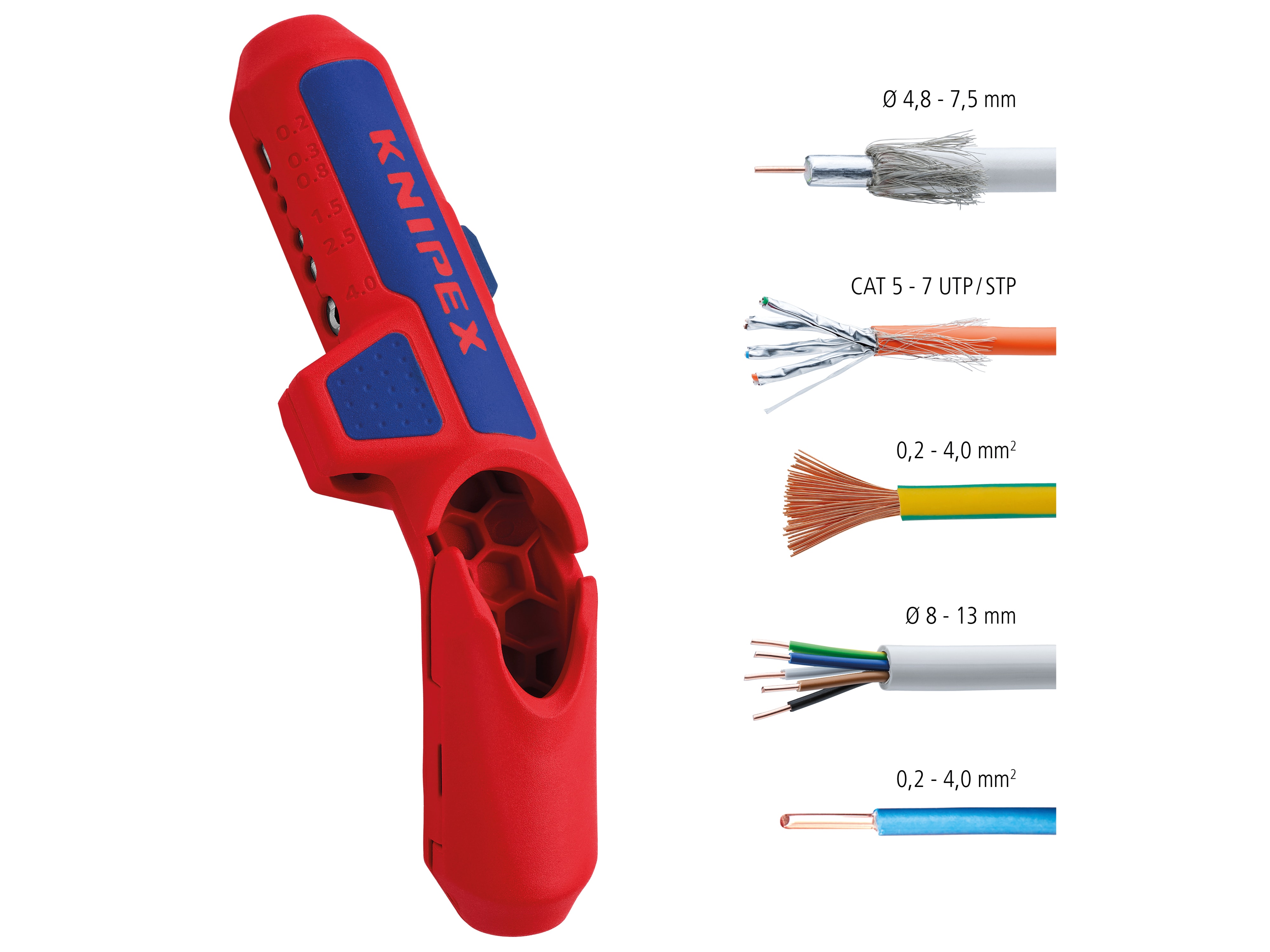KNIPEX Universal-Abmantelungswerkzeug, ErgoStrip® 16 95 01 SB, für Rechtshänder