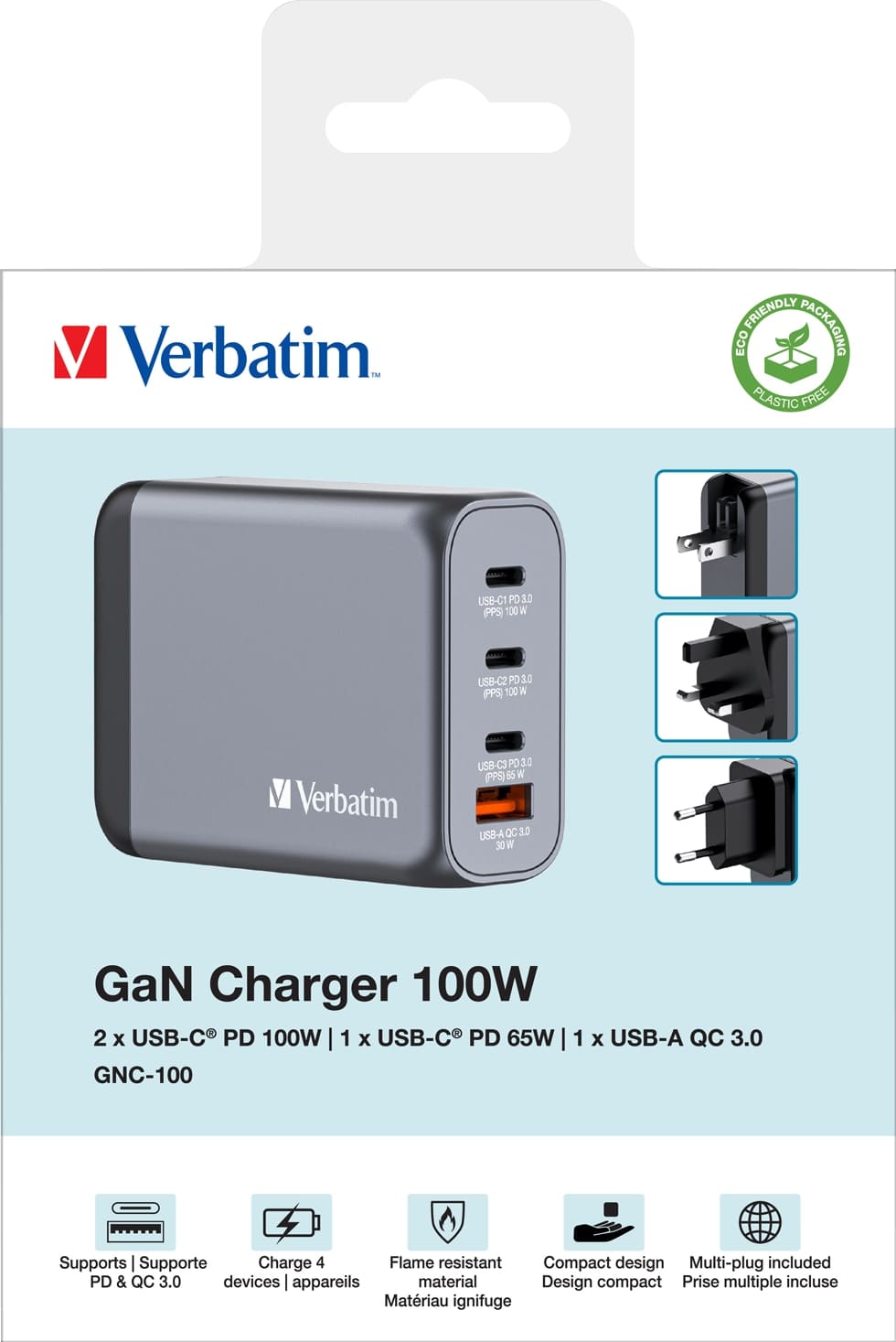 VERBATIM USB-Ladegerät 32202, 100W, 1x USB-A QC, 3x USB-C PD, grau