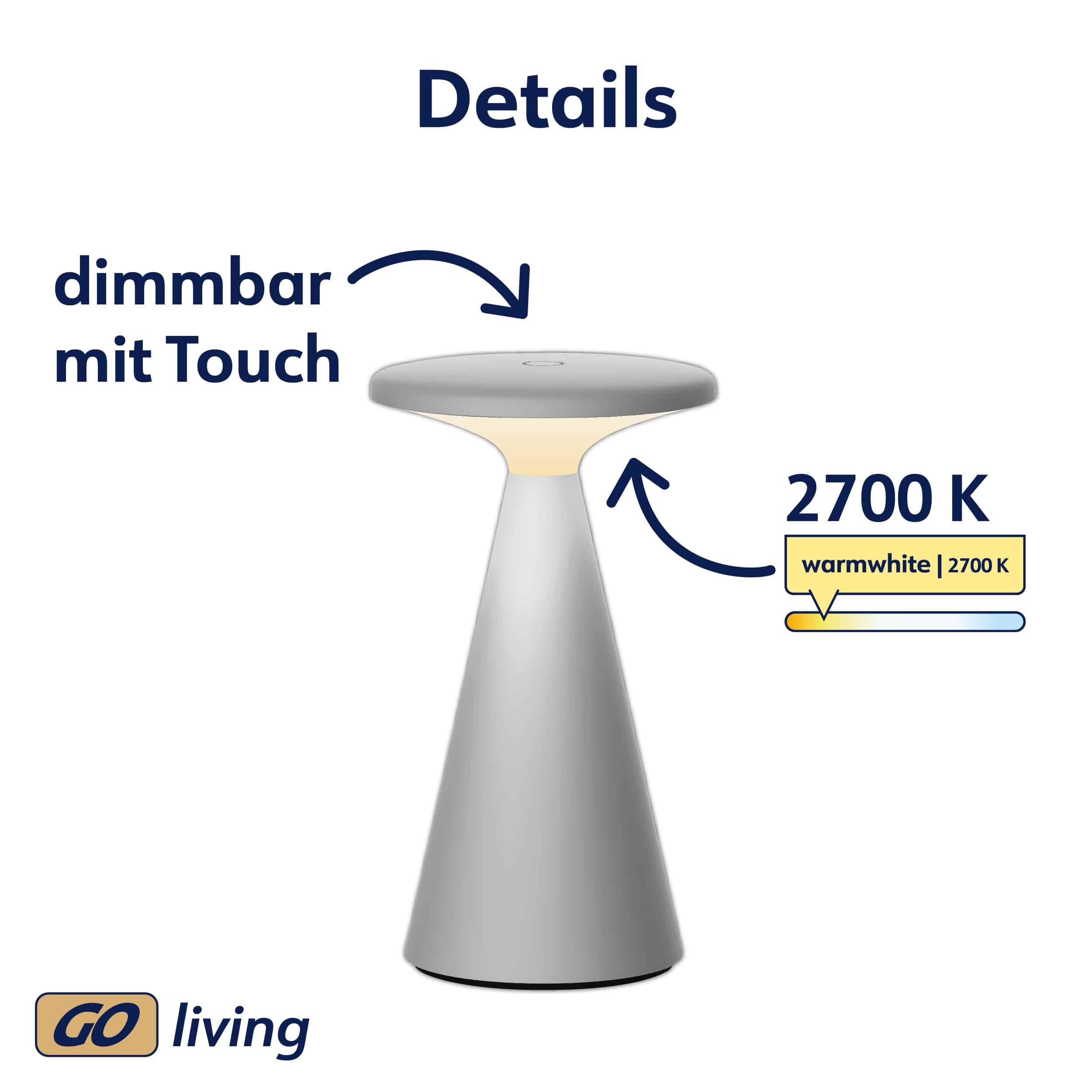 MÜLLER-LICHT LED-Akku-Tischleuchte 27700207, dimmbar, 2700K, warmweiß, grau