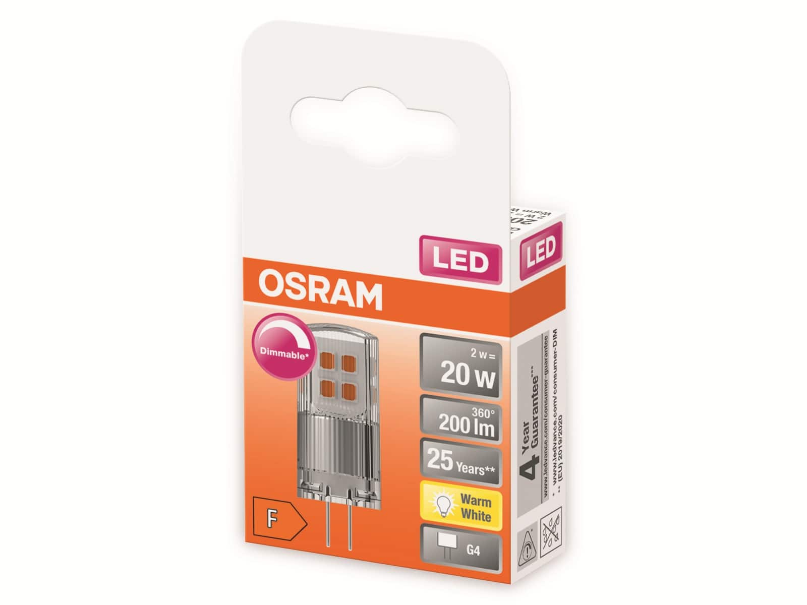 OSRAM LED-Stiftsockellampe, PIN20, G4, EEK: F, 2W, 200lm, 2700K