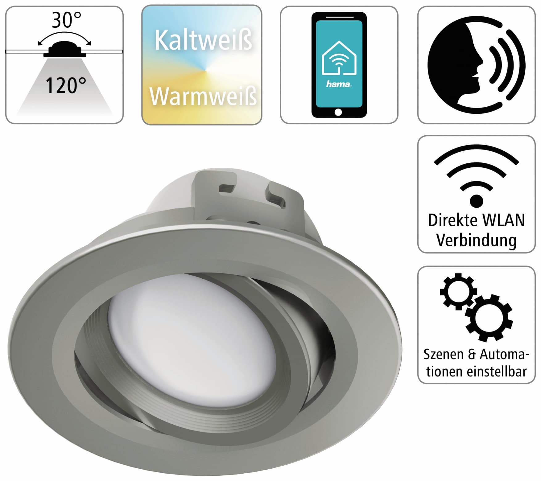 HAMA LED-Einbauleuchte WLAN, 5 W, EEK: G, 350 lm, dimmbar, Nickel satiniert