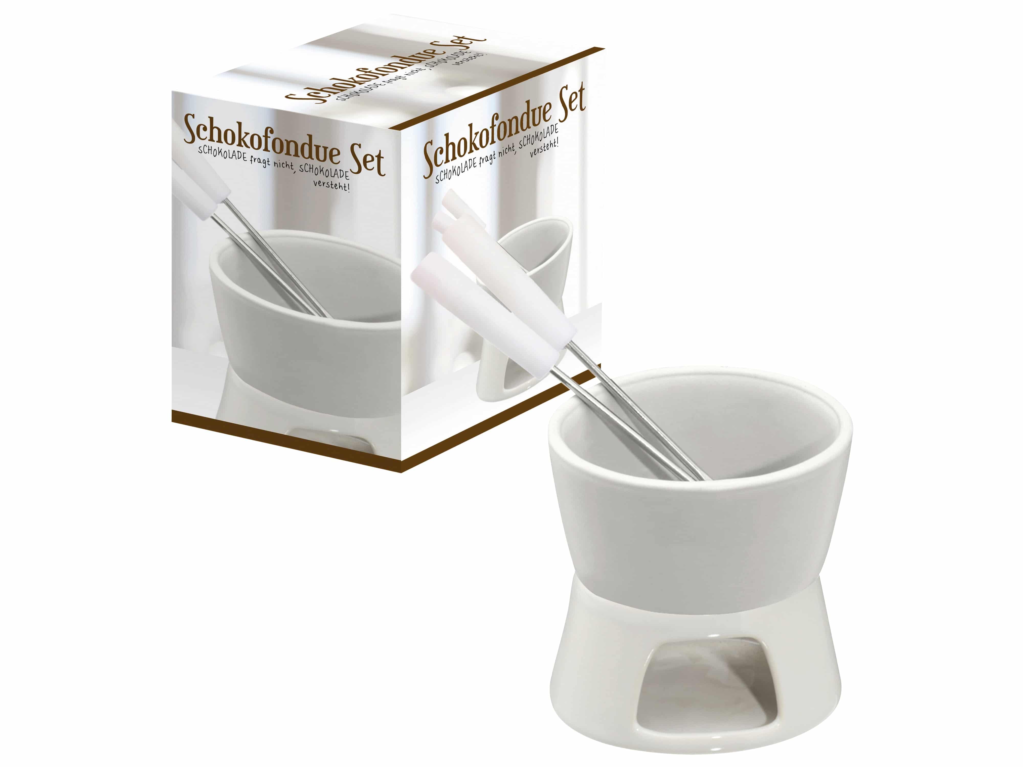 Schokofondue-Set, weiß, 2 Edelstahlgabeln, 9x6,5 cm 