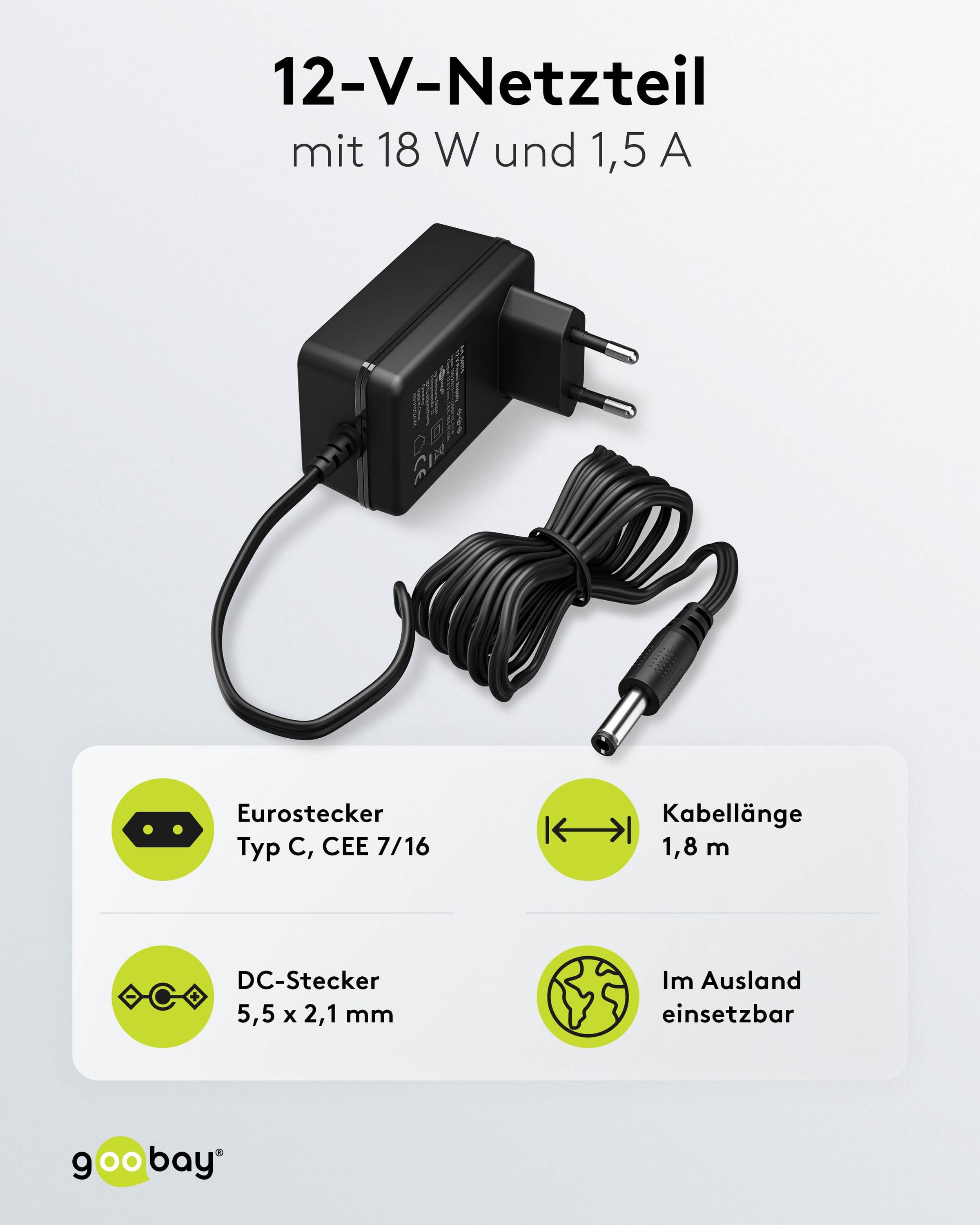 GOOBAY Universal-Netzteil 64975, 12 V-/1 A, 18 W, 5,5x2,1 mm, schwarz