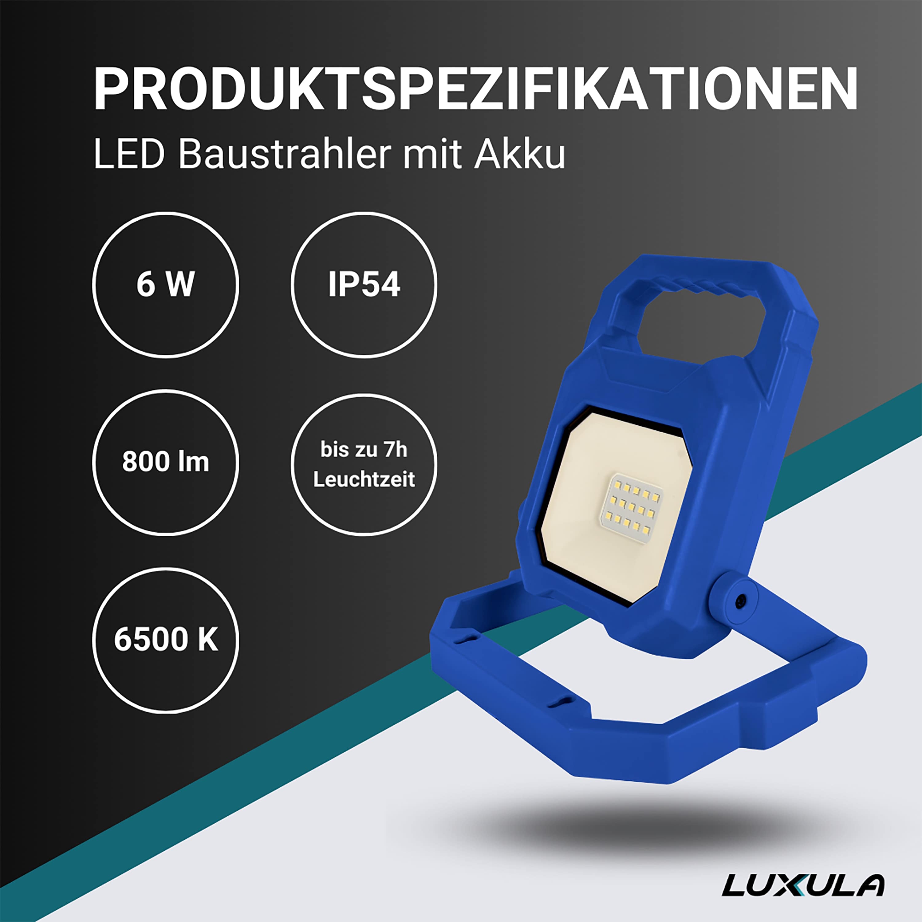 LUXULA Akku-Baustrahler 6W, 800lm, 4000K, faltbar, IP54