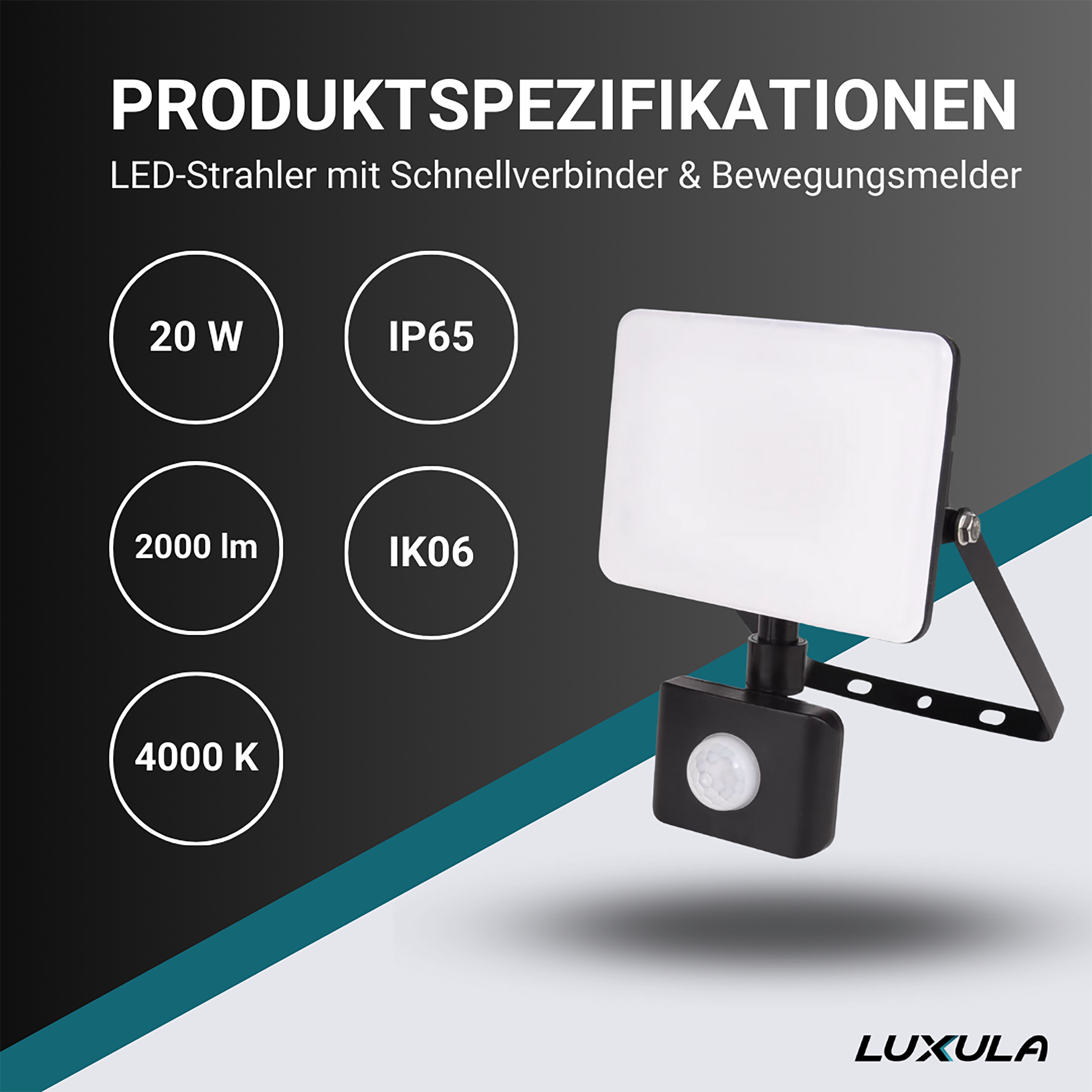 LED-Fluter LUXULA mit Bewegungsmelder, EEK: F, 20W, 2000lm, 4000K, schwarz